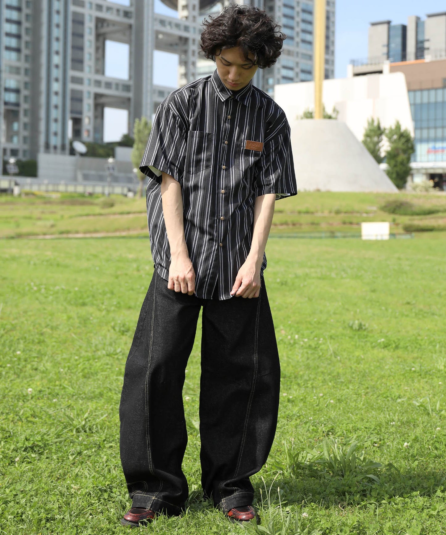 HOOK -original- 古着風ストライプ総柄半袖ビッグシャツ