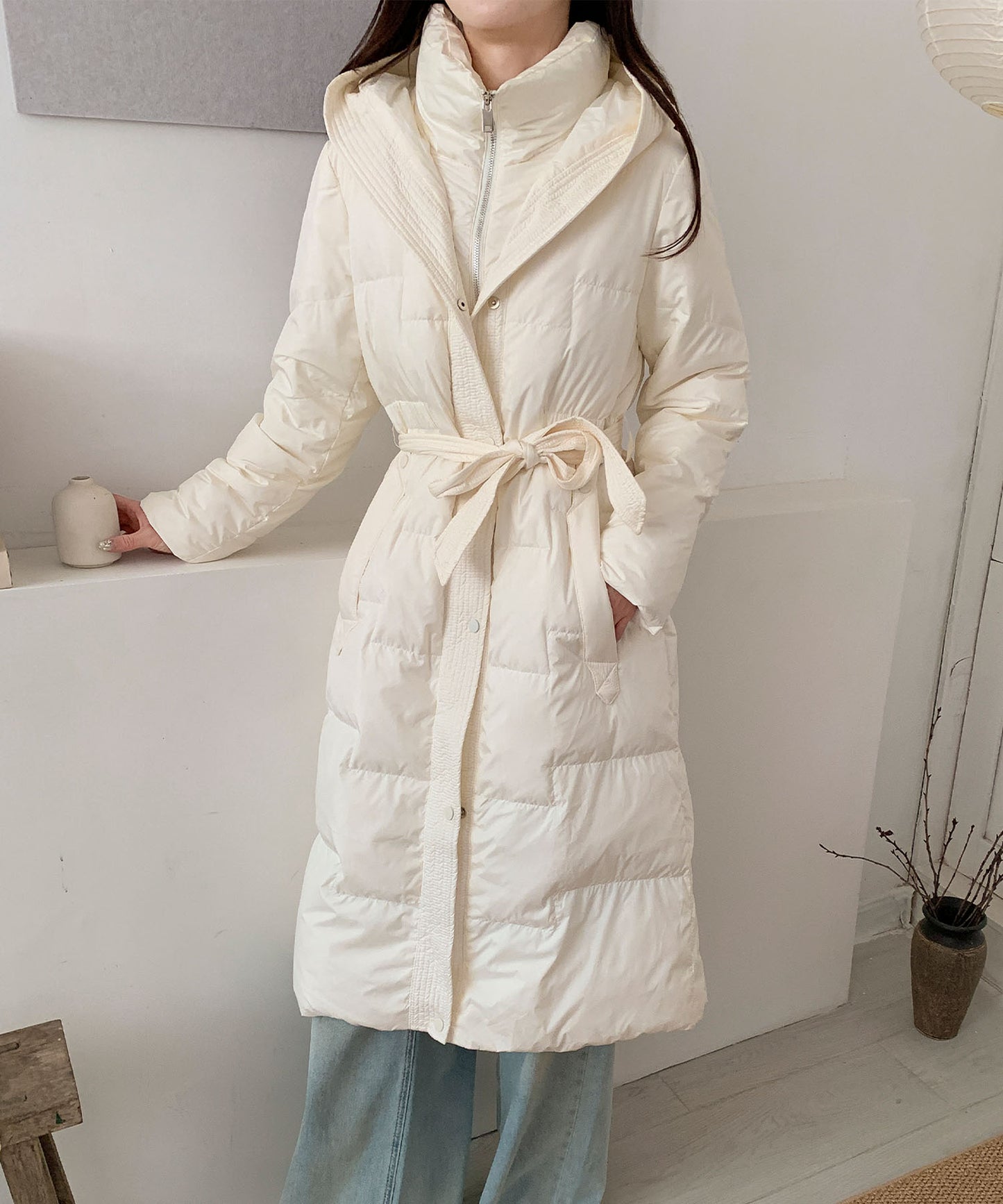 ウエストリボン付きロングダウンコート