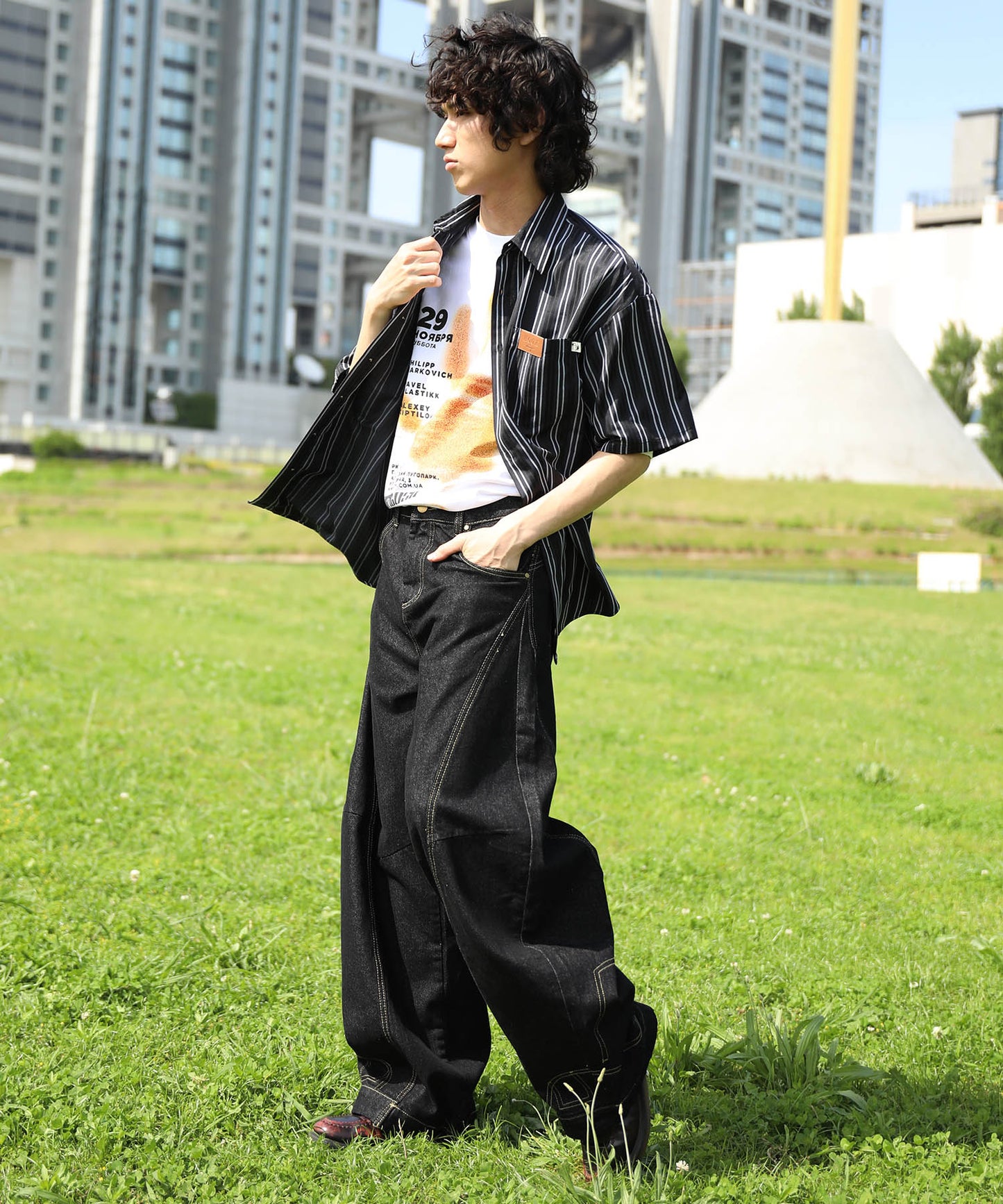 HOOK -original- 古着風ストライプ総柄半袖ビッグシャツ