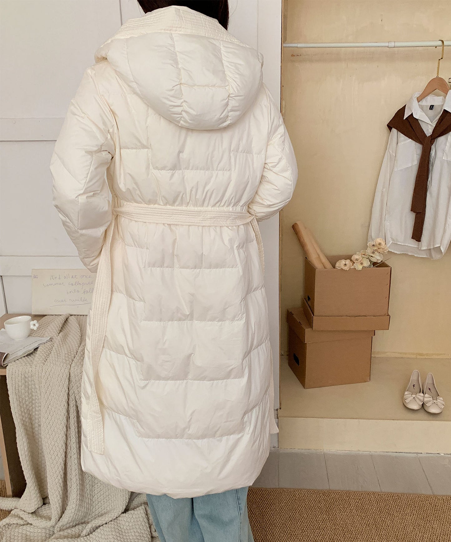 ウエストリボン付きロングダウンコート