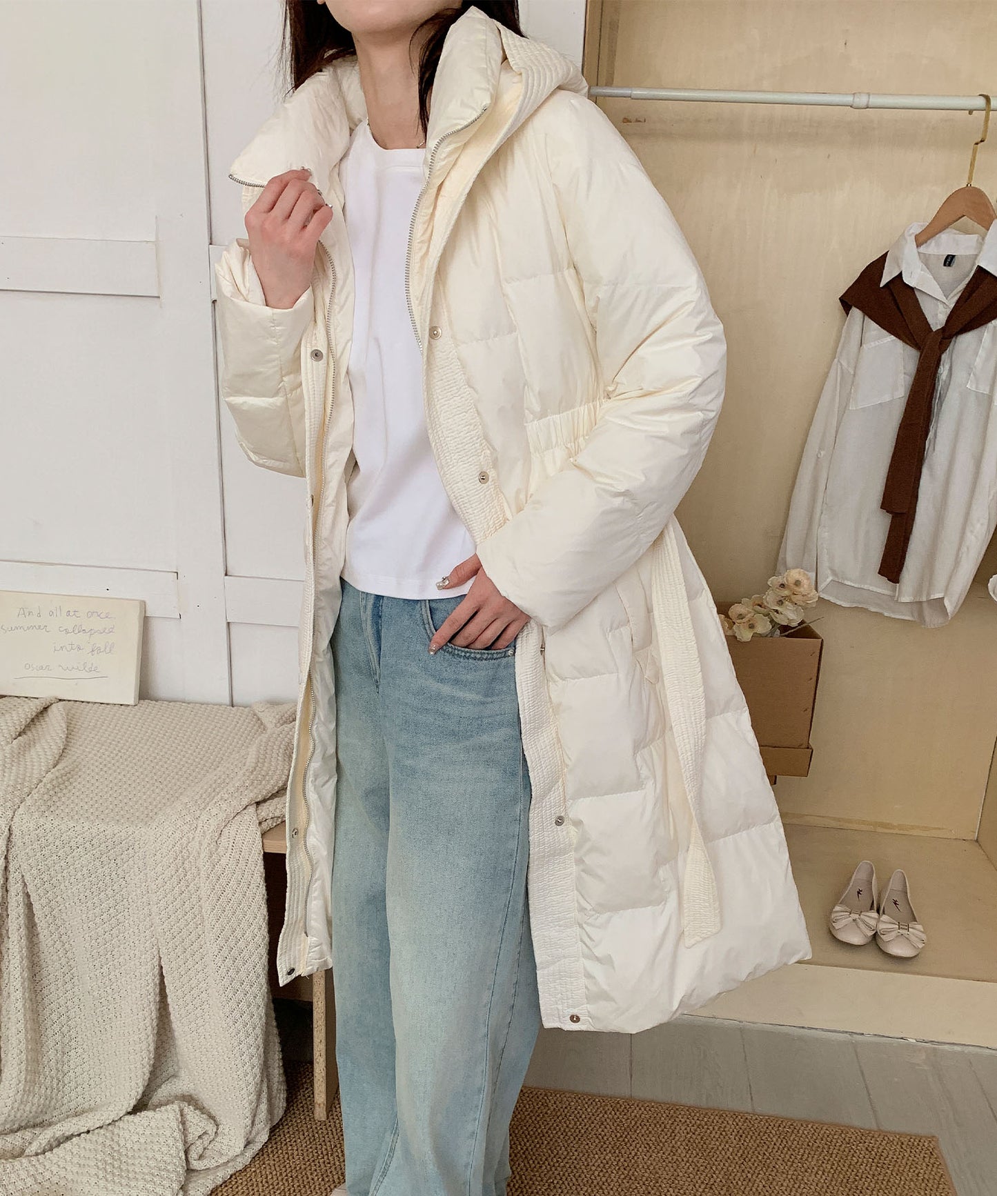 ウエストリボン付きロングダウンコート