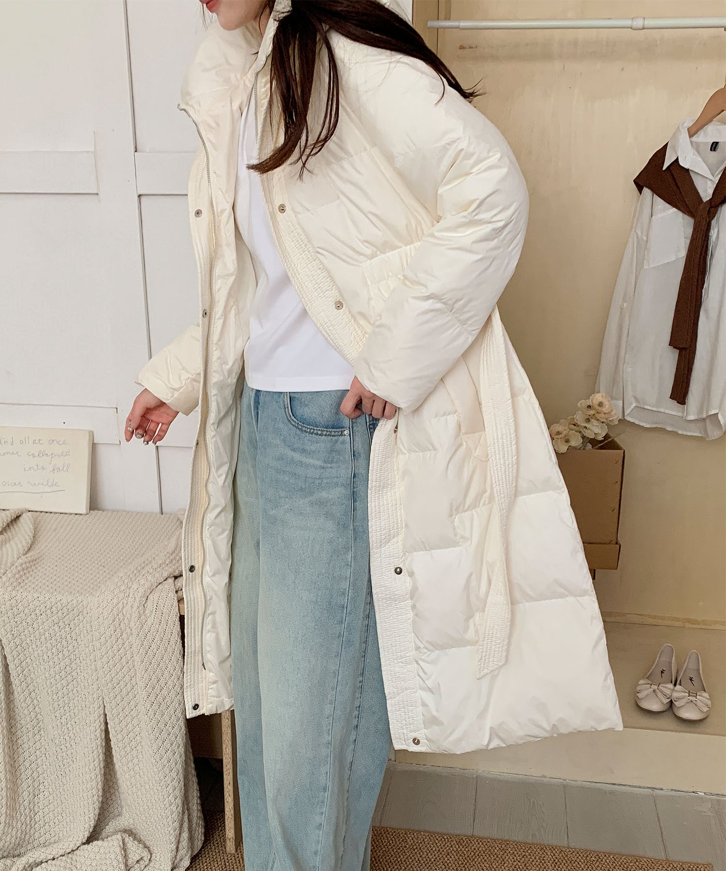 ウエストリボン付きロングダウンコート