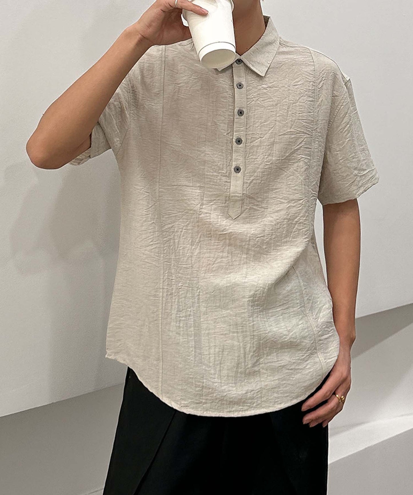 aimoha men ナチュラルカラーリネン風ポロシャツ