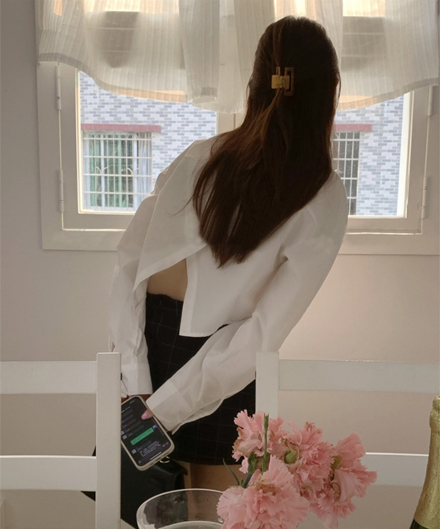 韓国風 バックスリットショートシャツ