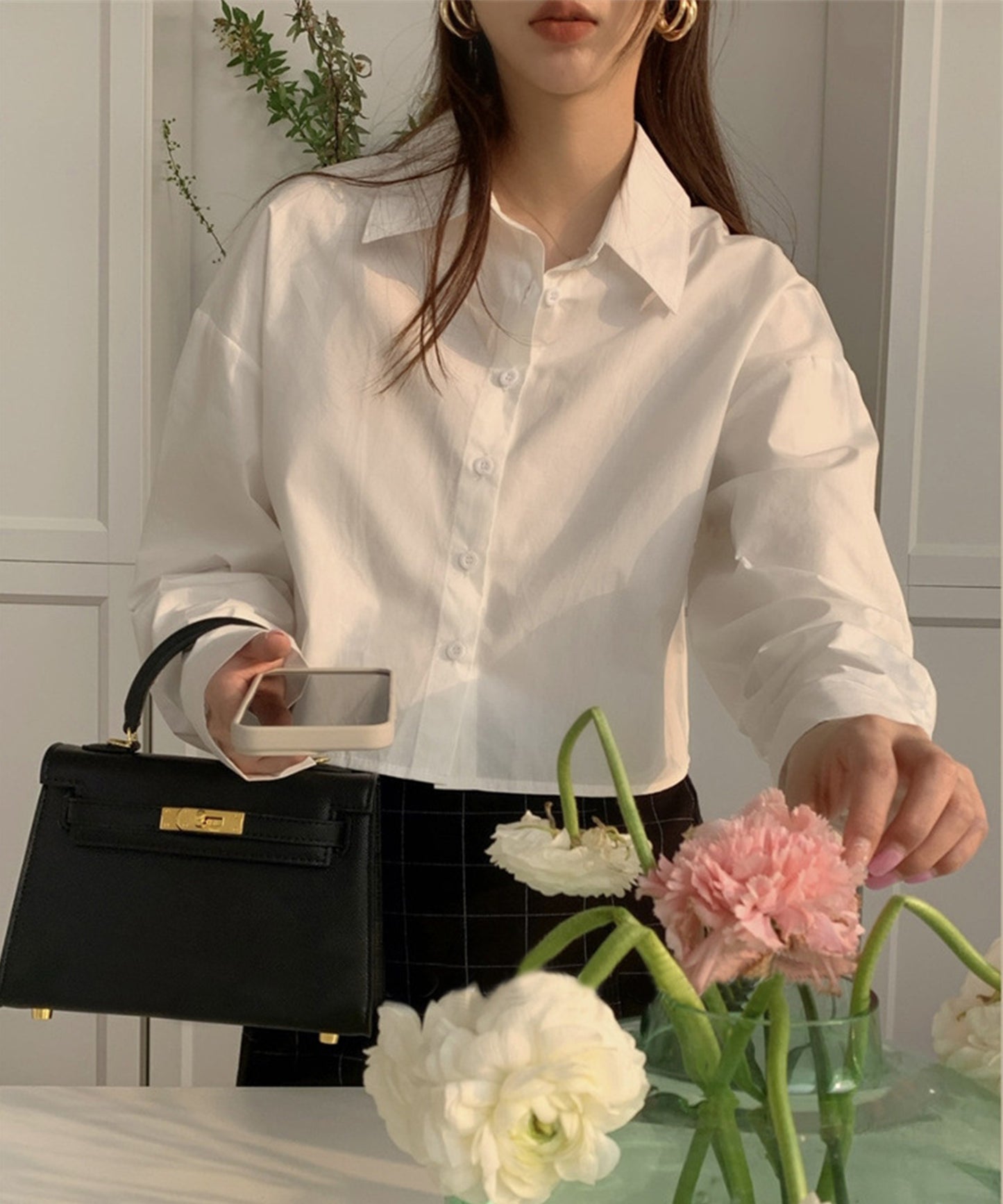 韓国風 バックスリットショートシャツ