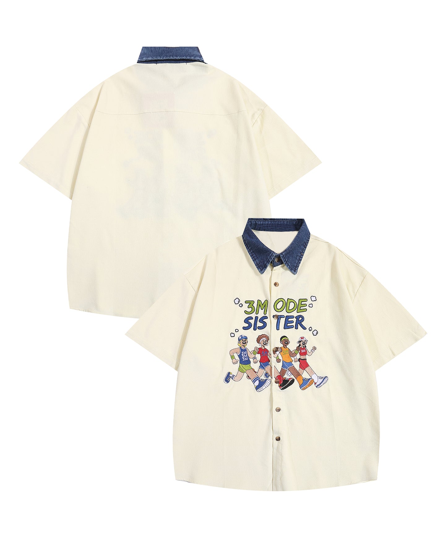 【HOOK -select- 】レトロ調人物刺繍夏コーデュロイ半袖シャツ