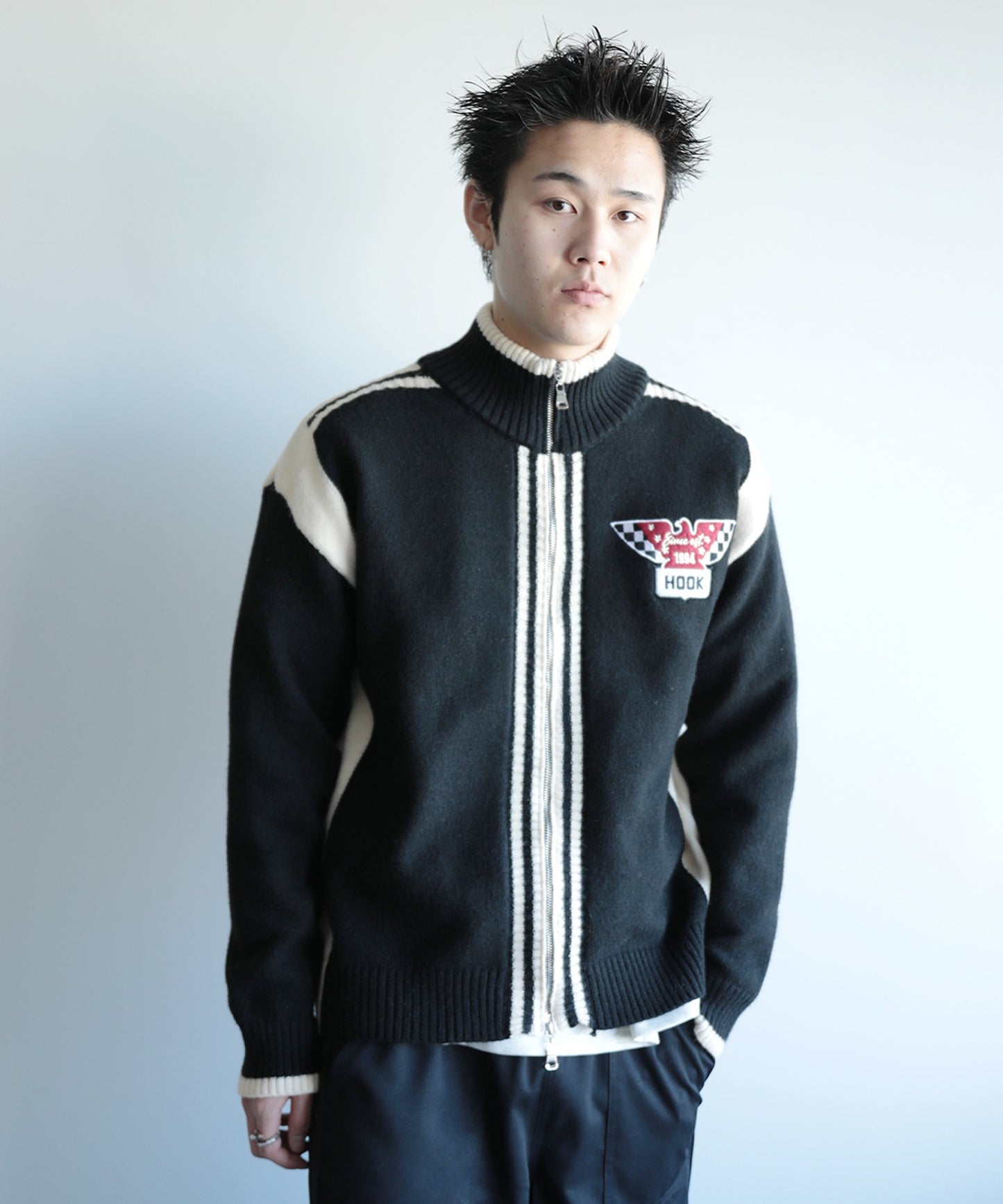 HOOK -original-/ワッペン刺繍レーシング風ダブルジップカーディガン