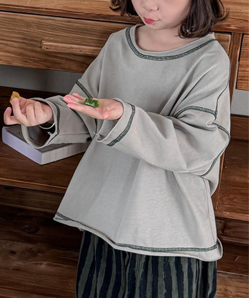 【aimoha-KIDS-】配色ステッチロングスリーブTシャツ