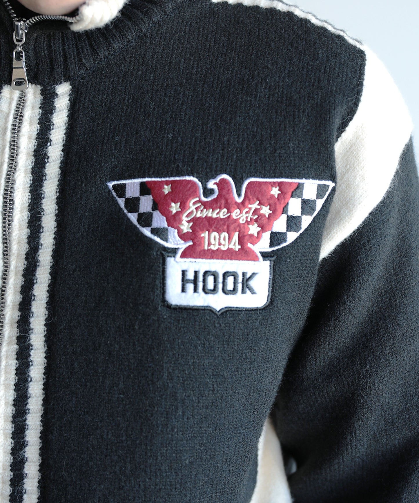 HOOK -original-/ワッペン刺繍レーシング風ダブルジップカーディガン