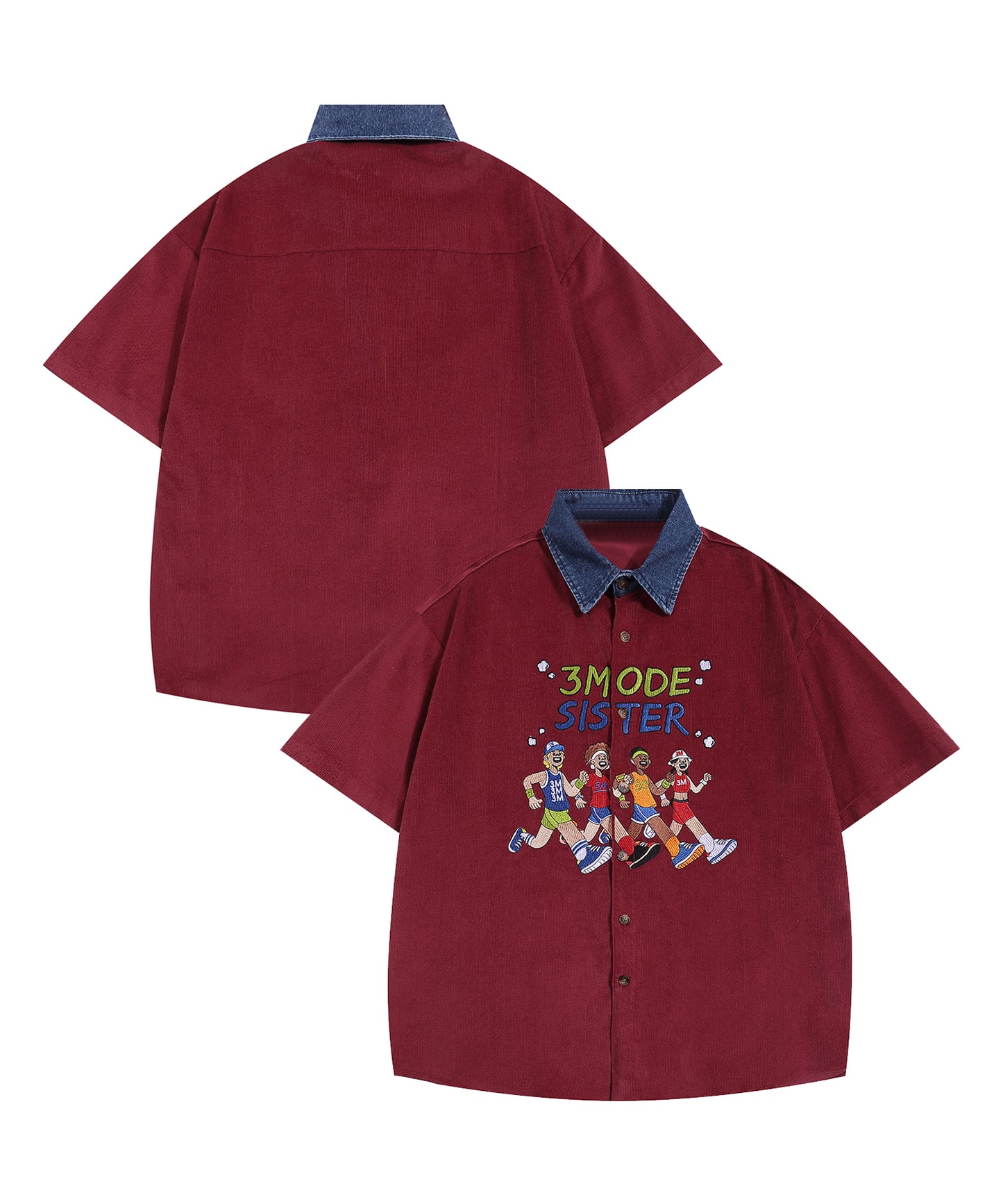 【HOOK -select- 】レトロ調人物刺繍夏コーデュロイ半袖シャツ