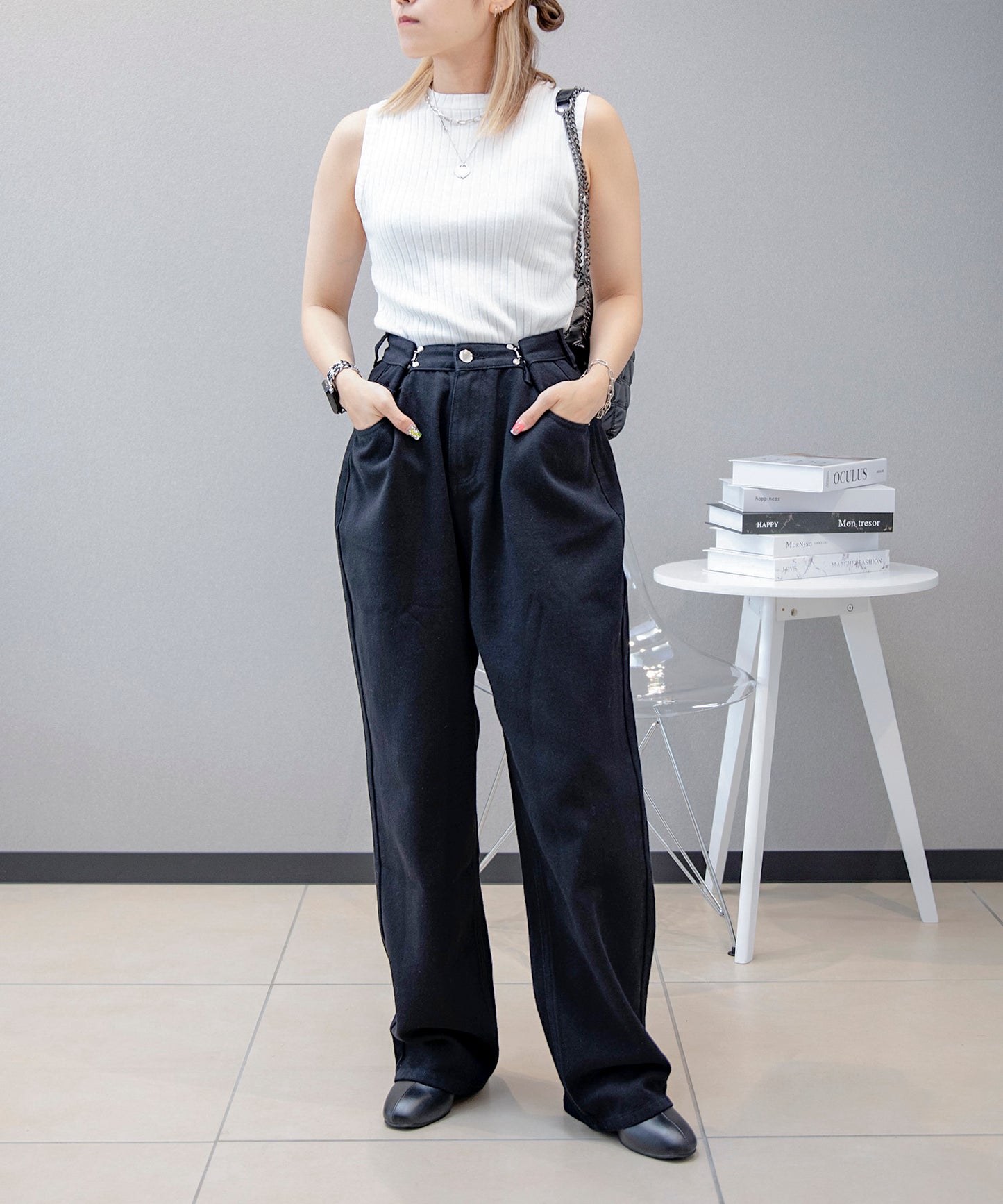 2WAYデザインジーンズデニム深めのウエストタックハイウエストデニムパンツ