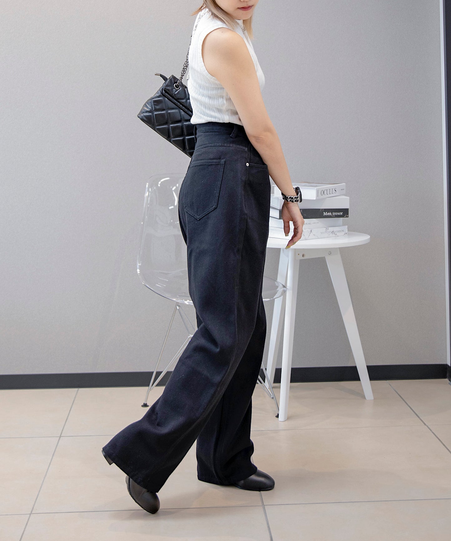 2WAYデザインジーンズデニム深めのウエストタックハイウエストデニムパンツ