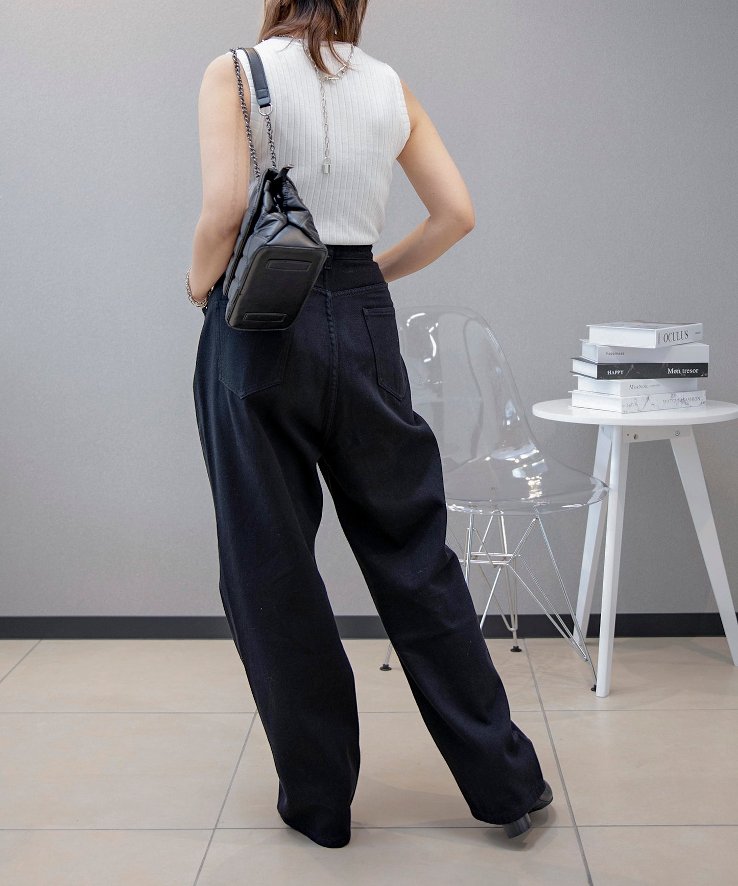 2WAYデザインジーンズデニム深めのウエストタックハイウエストデニムパンツ