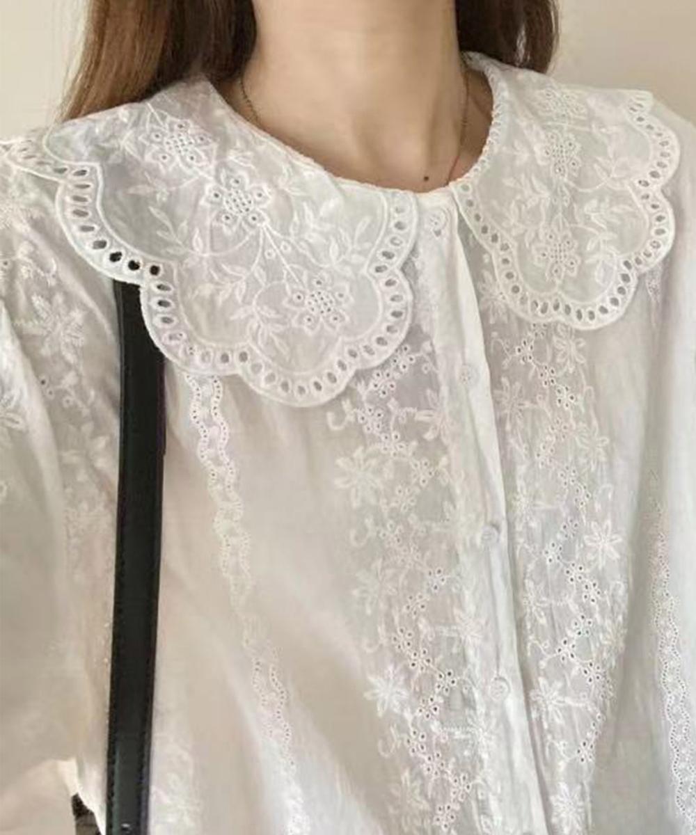 スカラップレース襟刺繍シャツブラウス