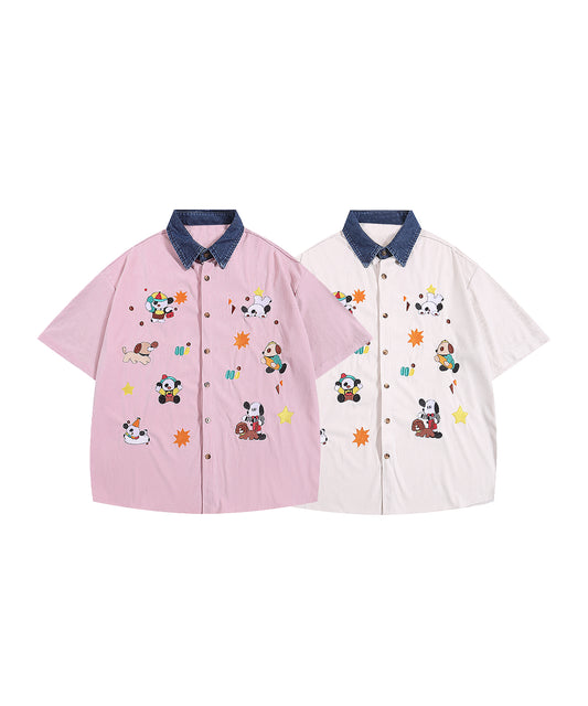 【HOOK -select- 】レトロ調キャラ刺繍夏コーデュロイ半袖シャツ