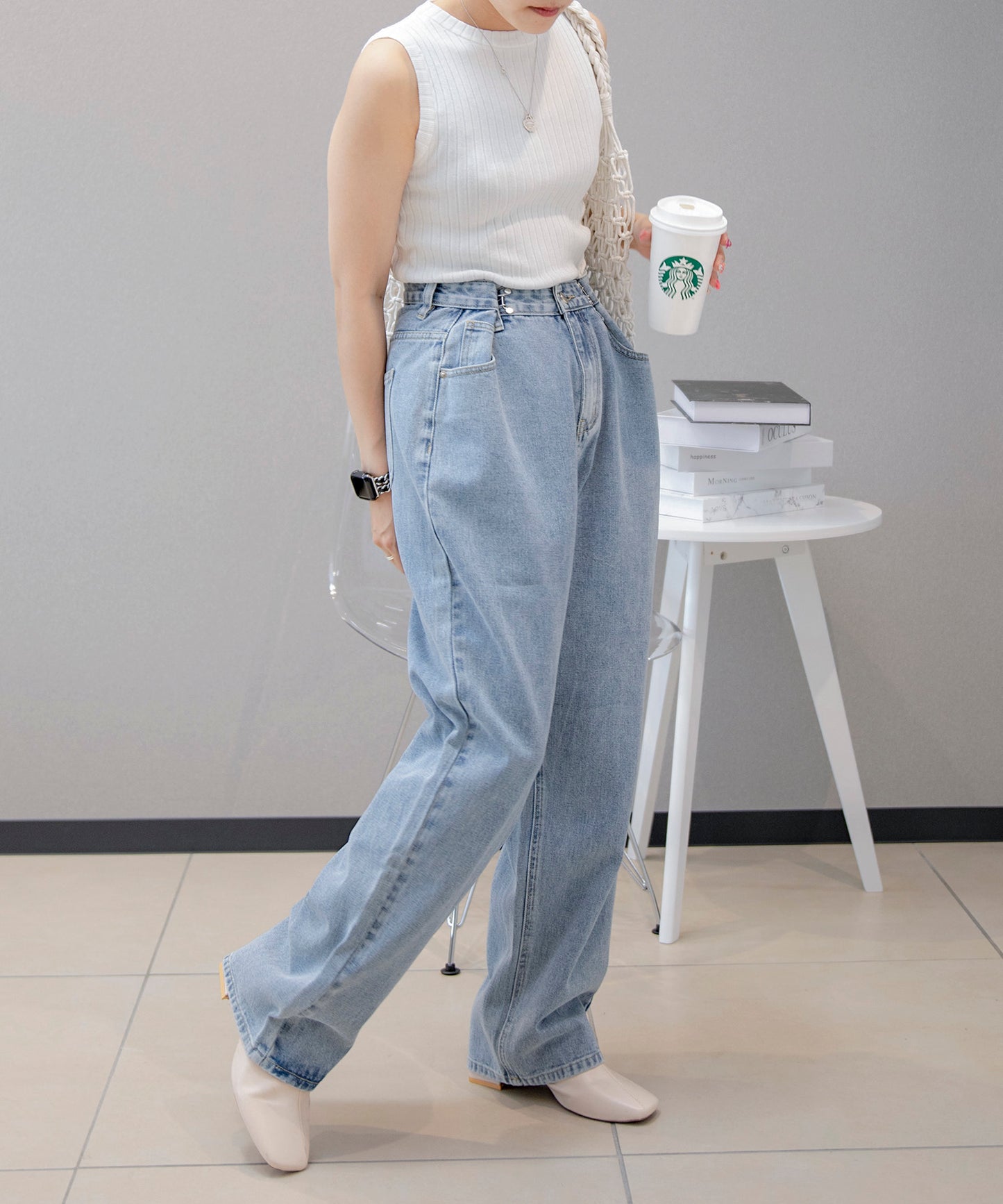 2WAYデザインジーンズデニム深めのウエストタックハイウエストデニムパンツ