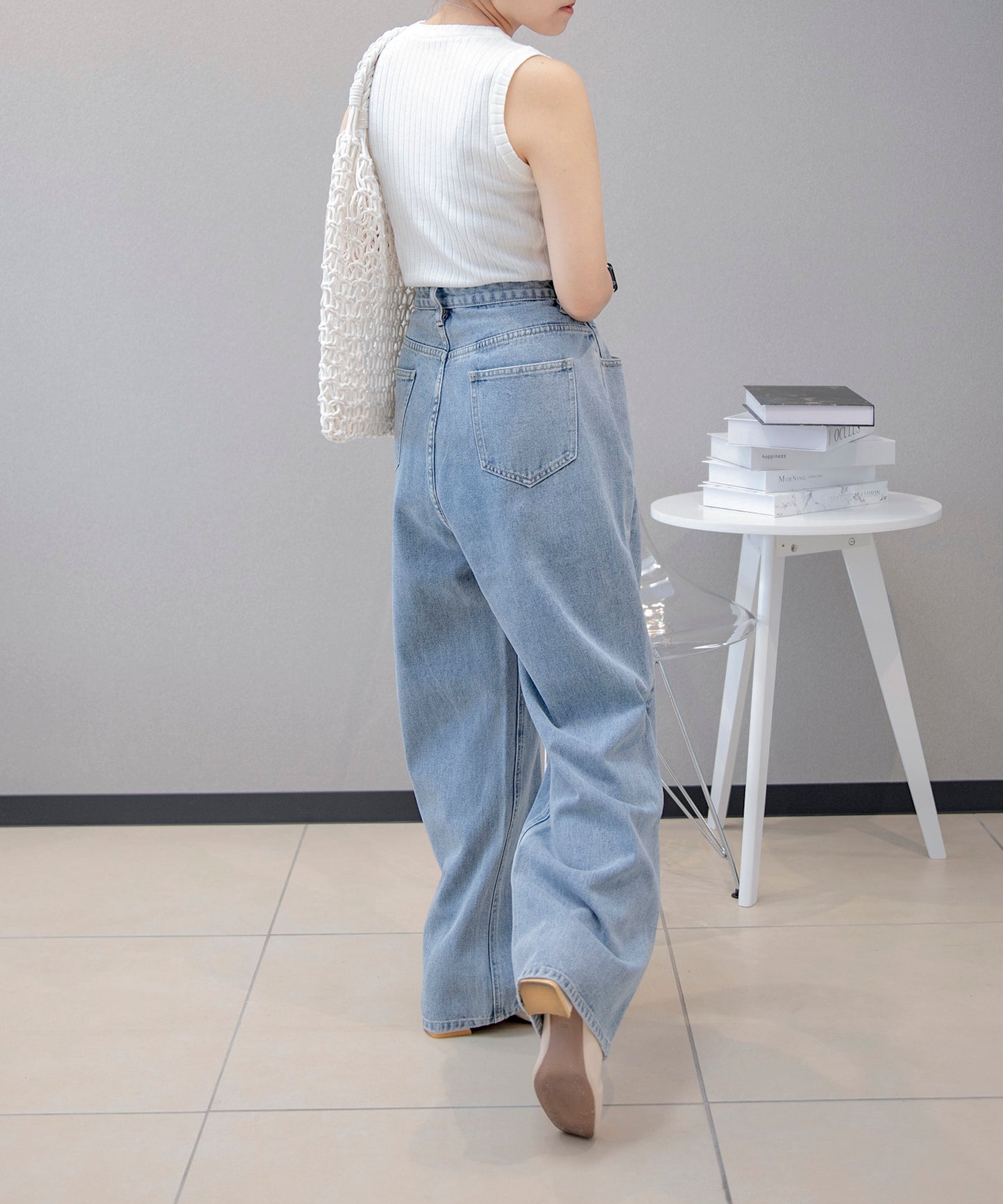 2WAYデザインジーンズデニム深めのウエストタックハイウエストデニムパンツ