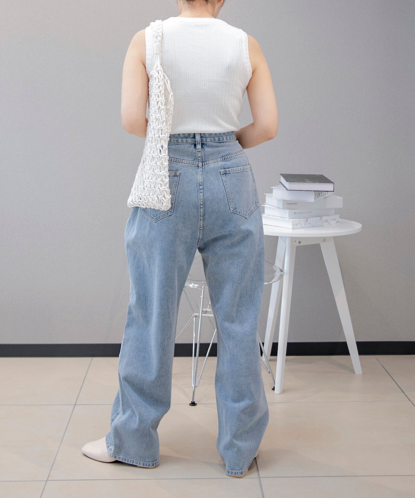 2WAYデザインジーンズデニム深めのウエストタックハイウエストデニムパンツ