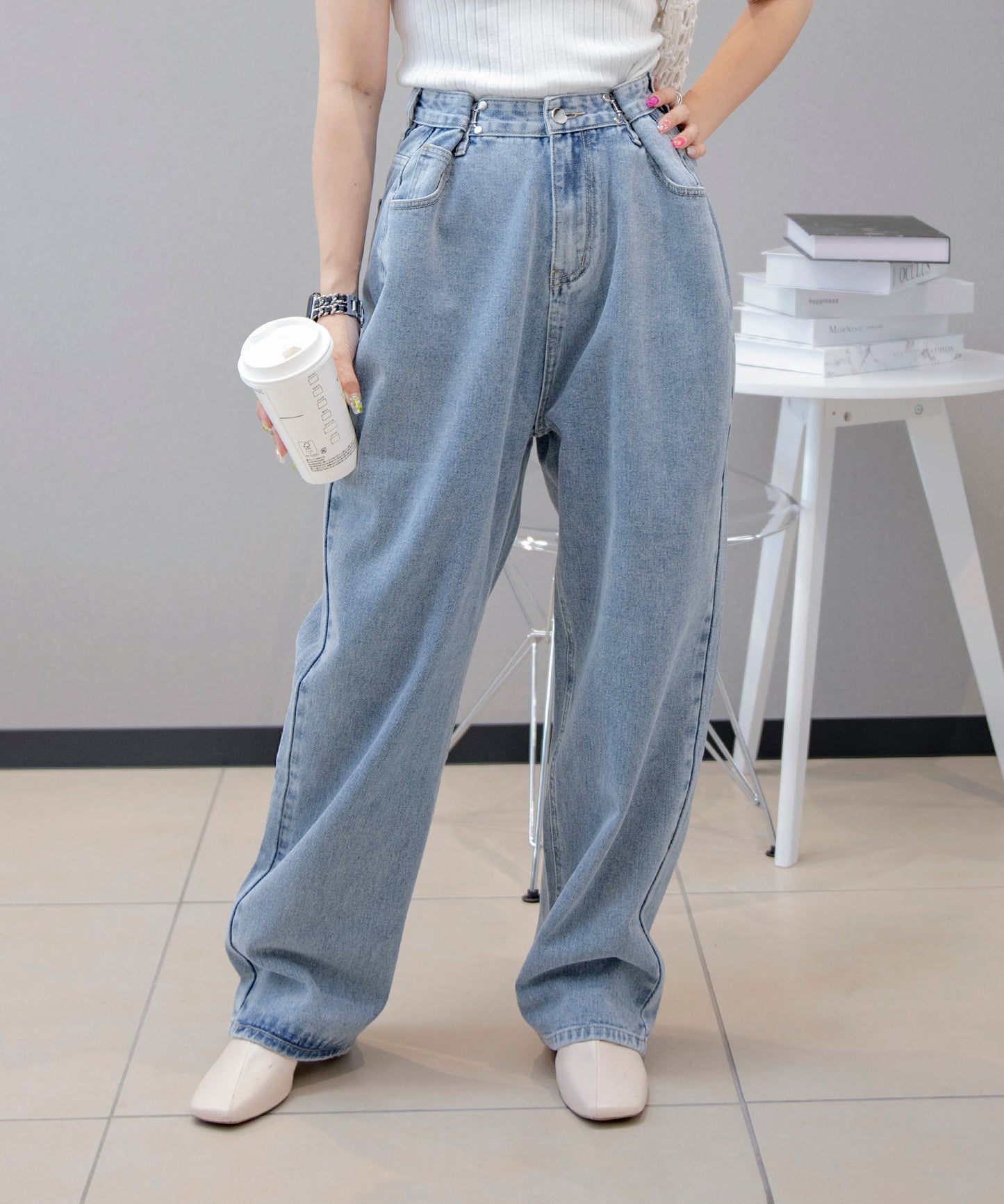 2WAYデザインジーンズデニム深めのウエストタックハイウエストデニムパンツ