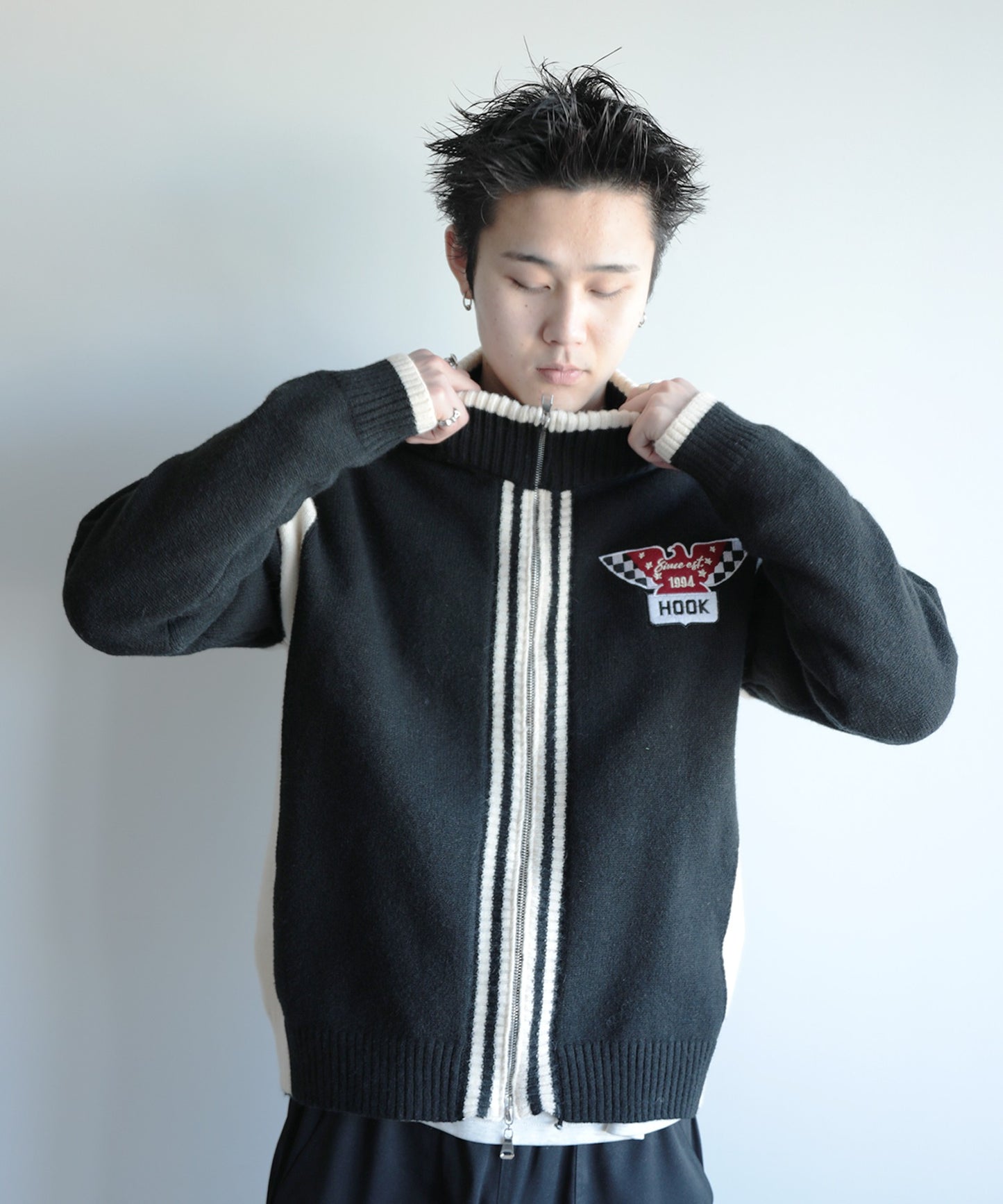 HOOK -original-/ワッペン刺繍レーシング風ダブルジップカーディガン