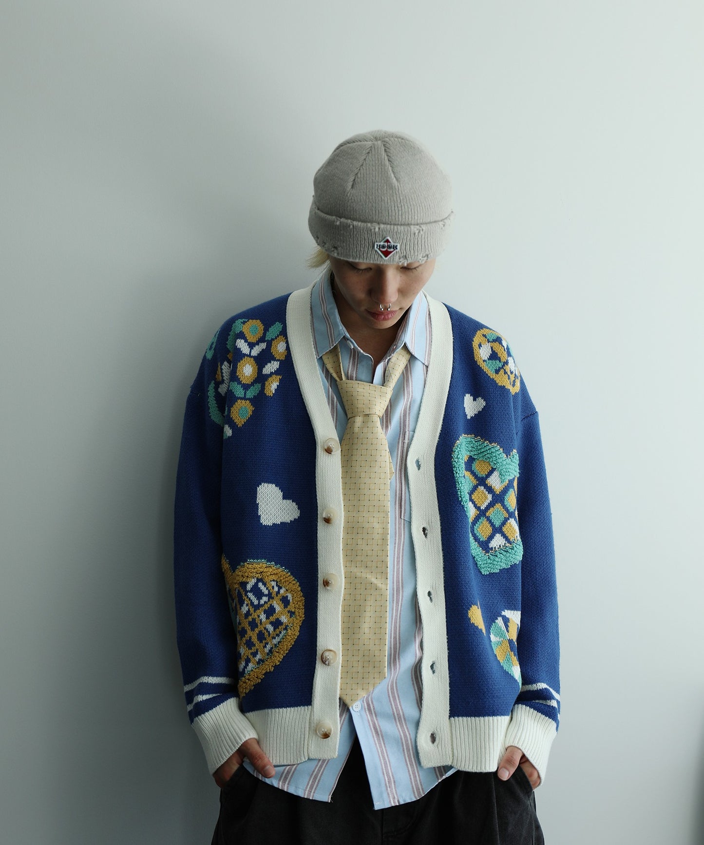 【HOOK -original- 】配色ストライプワンポイント刺繍長袖シャツ