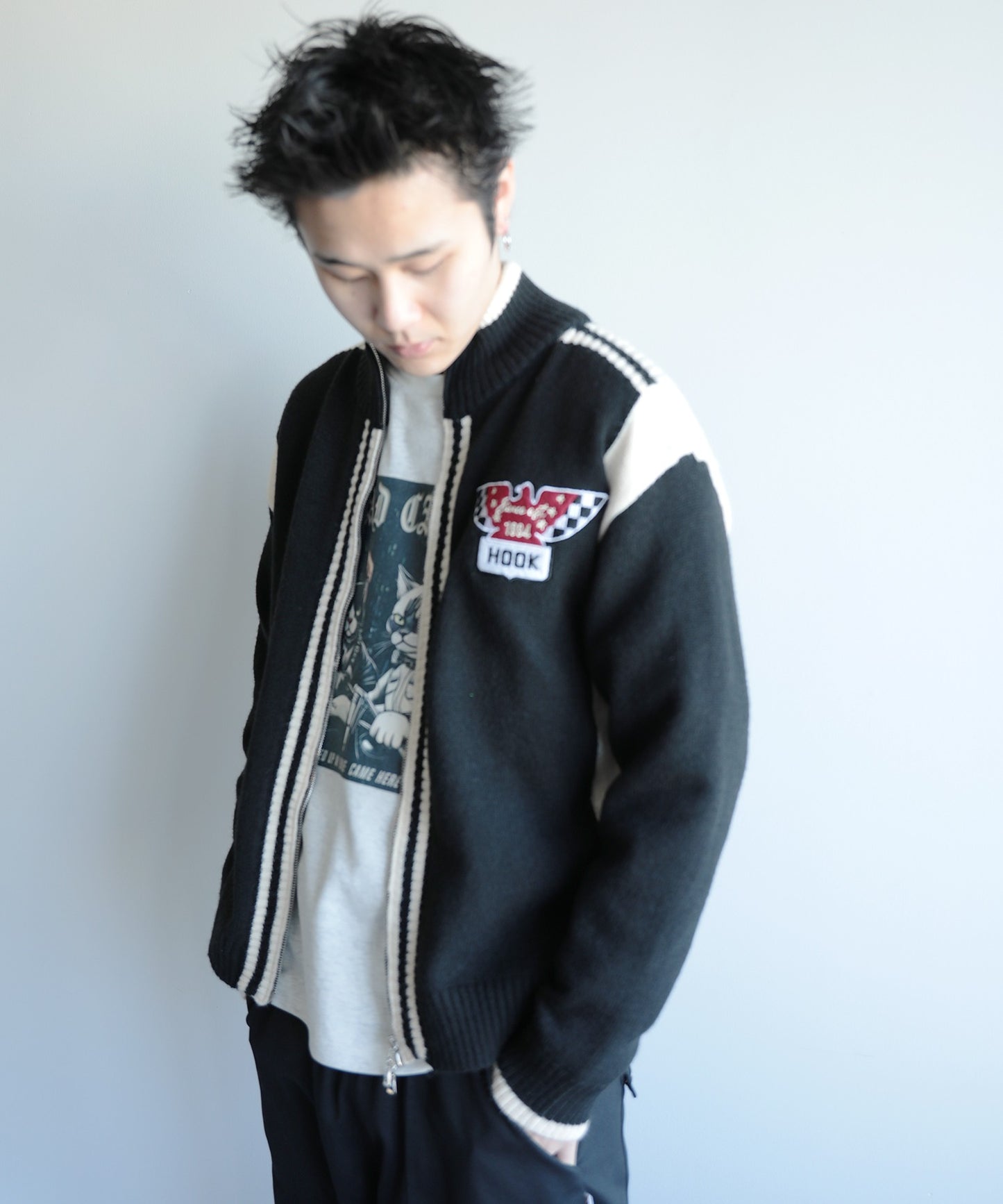 HOOK -original-/ワッペン刺繍レーシング風ダブルジップカーディガン