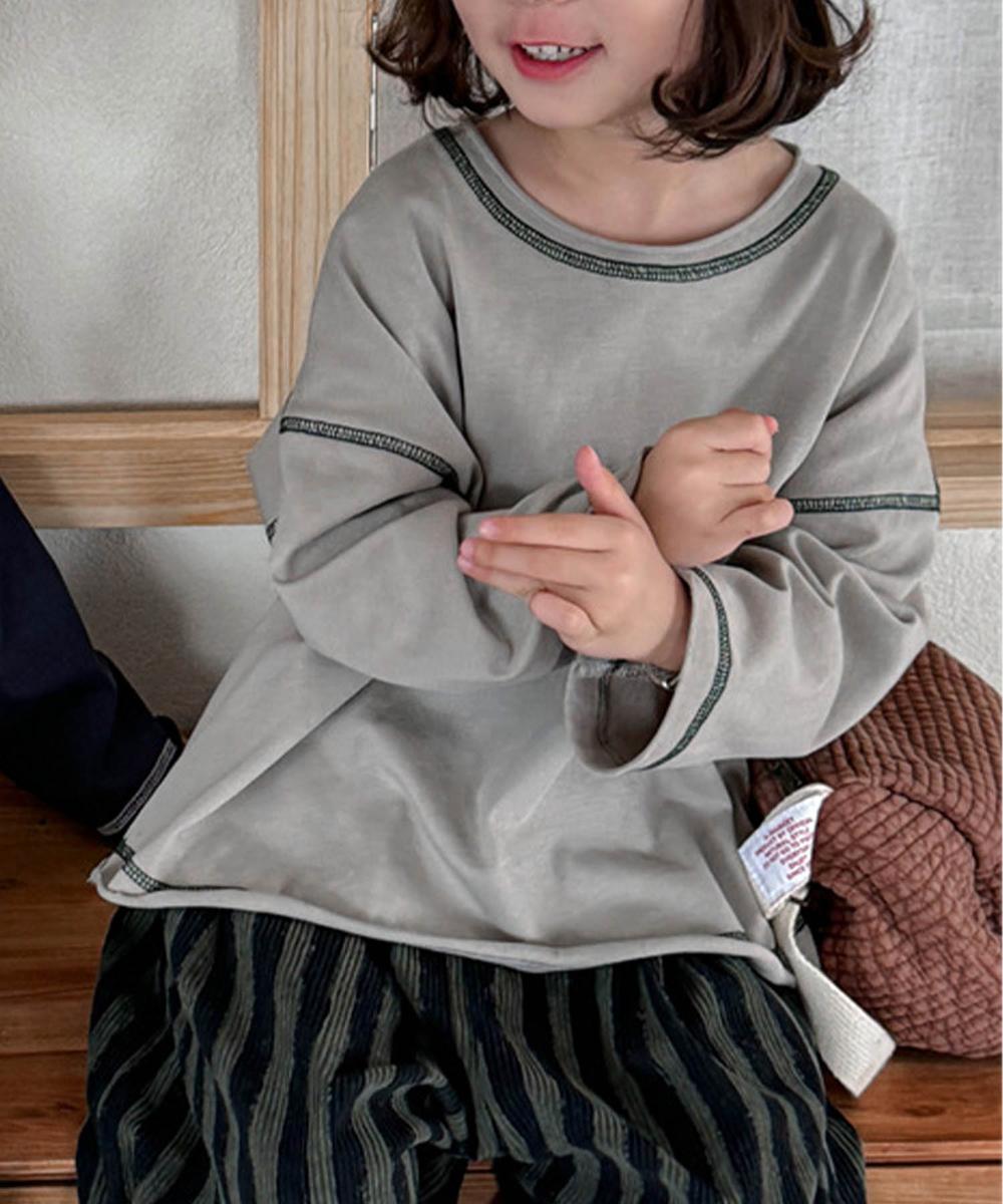 【aimoha-KIDS-】配色ステッチロングスリーブTシャツ