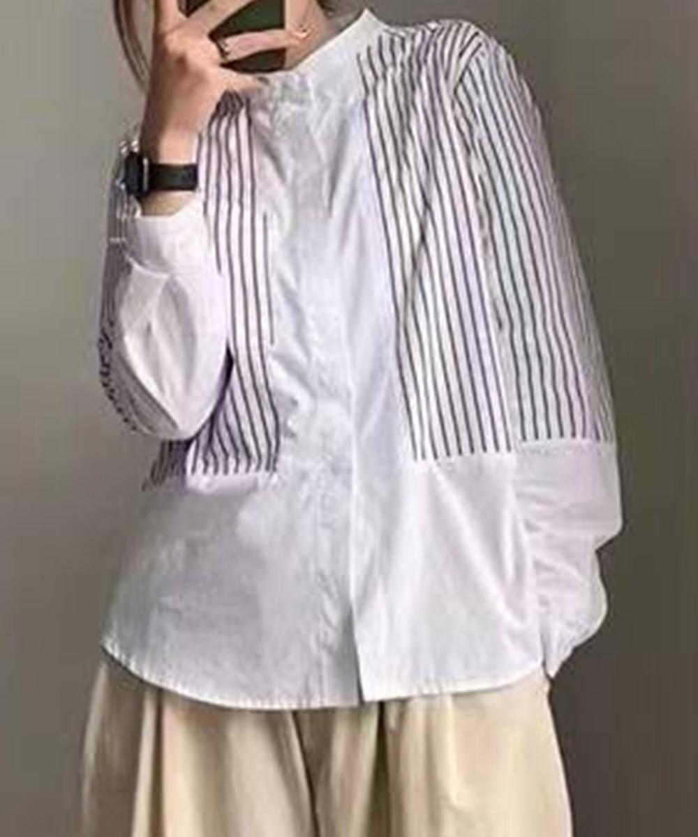 ストライプ切替ノーカラーシャツ