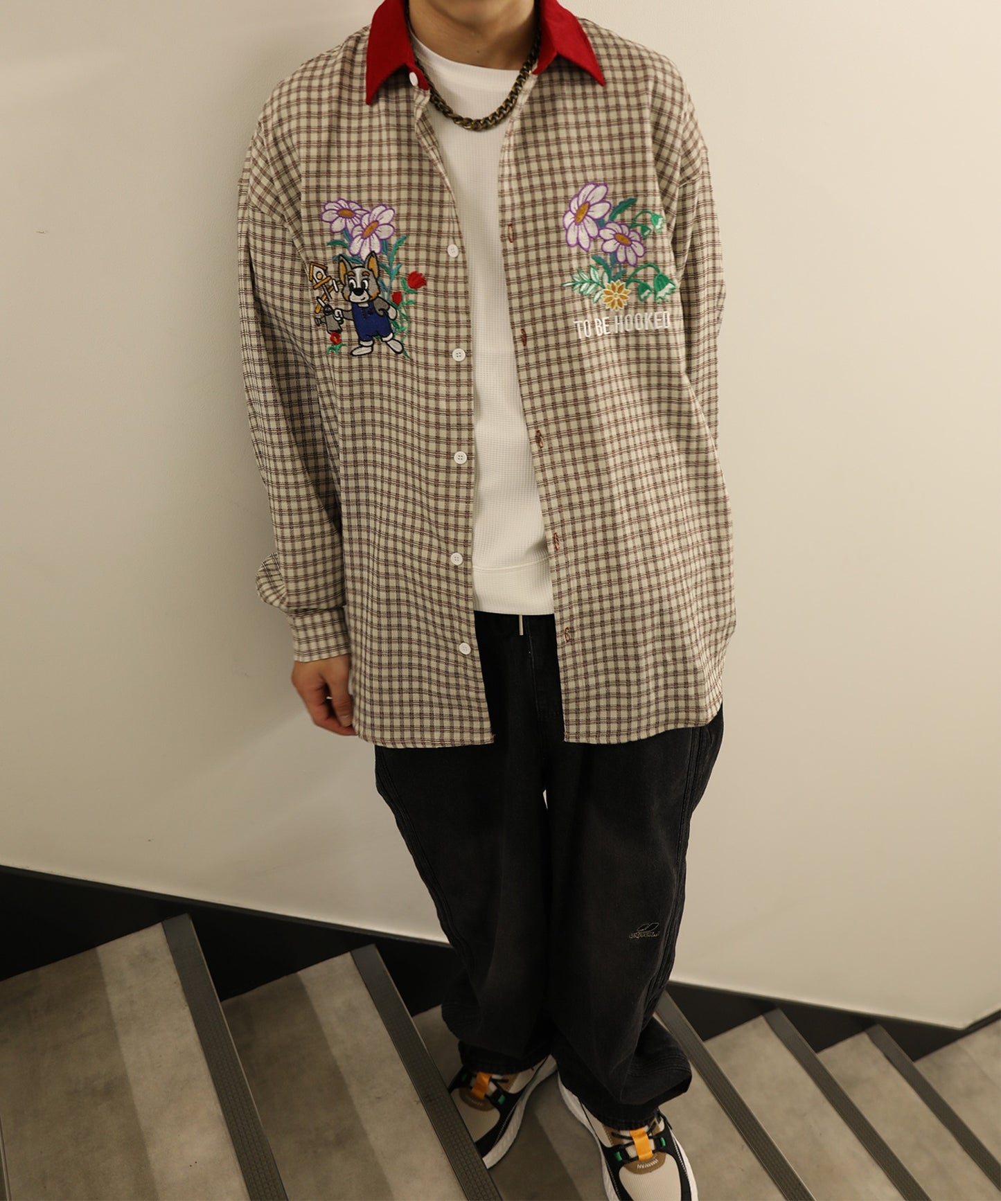 【HOOK -original- 】レトロ調可愛いワンちゃん刺繍チェック柄長袖シャツ