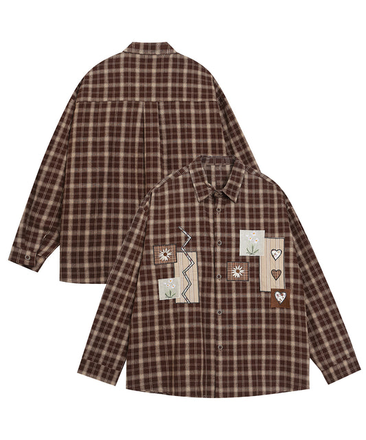 HOOK -select- レトロ調古着風花パッチワーク刺繍チェック柄シャツ