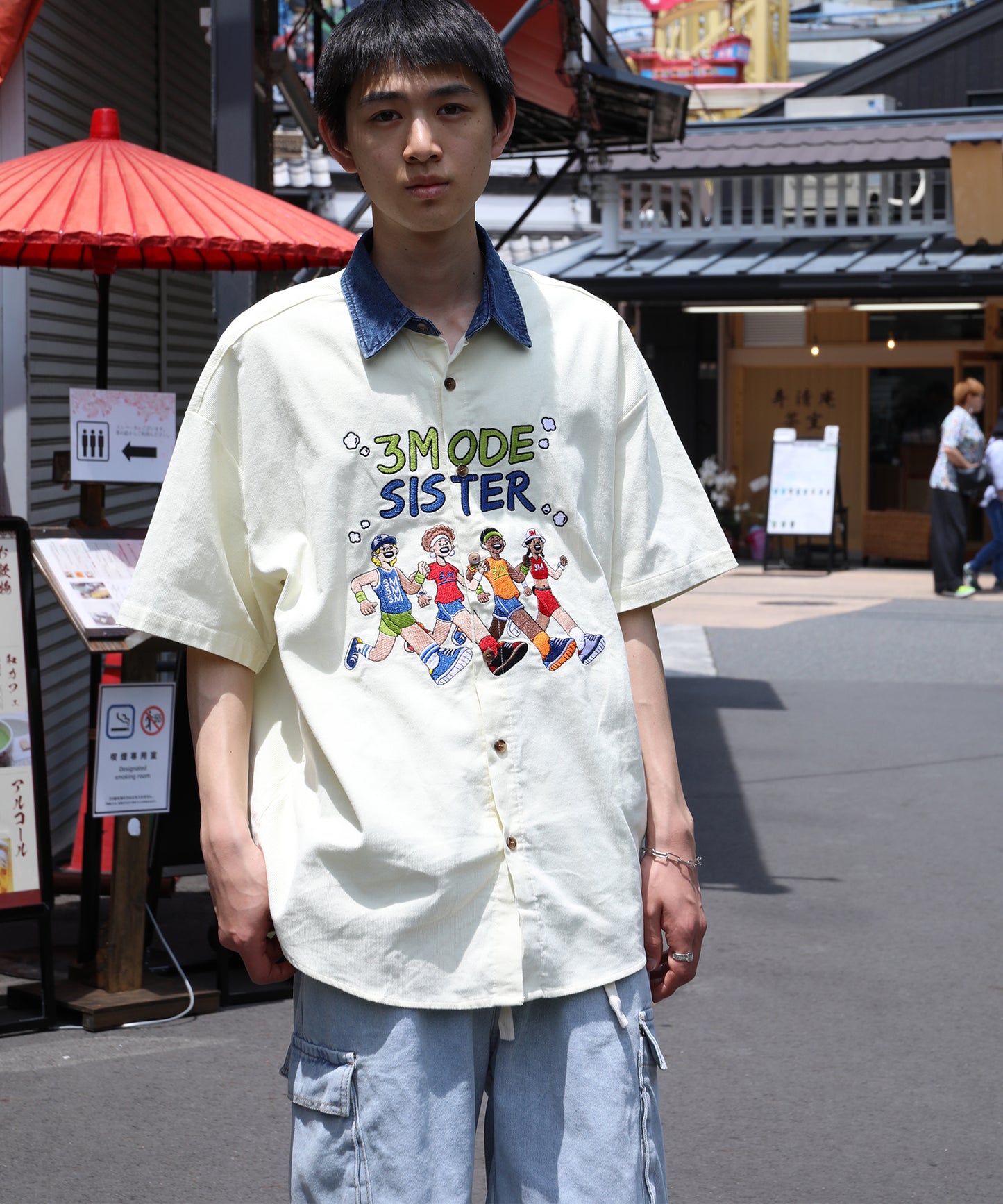 【HOOK -select- 】レトロ調人物刺繍夏コーデュロイ半袖シャツ