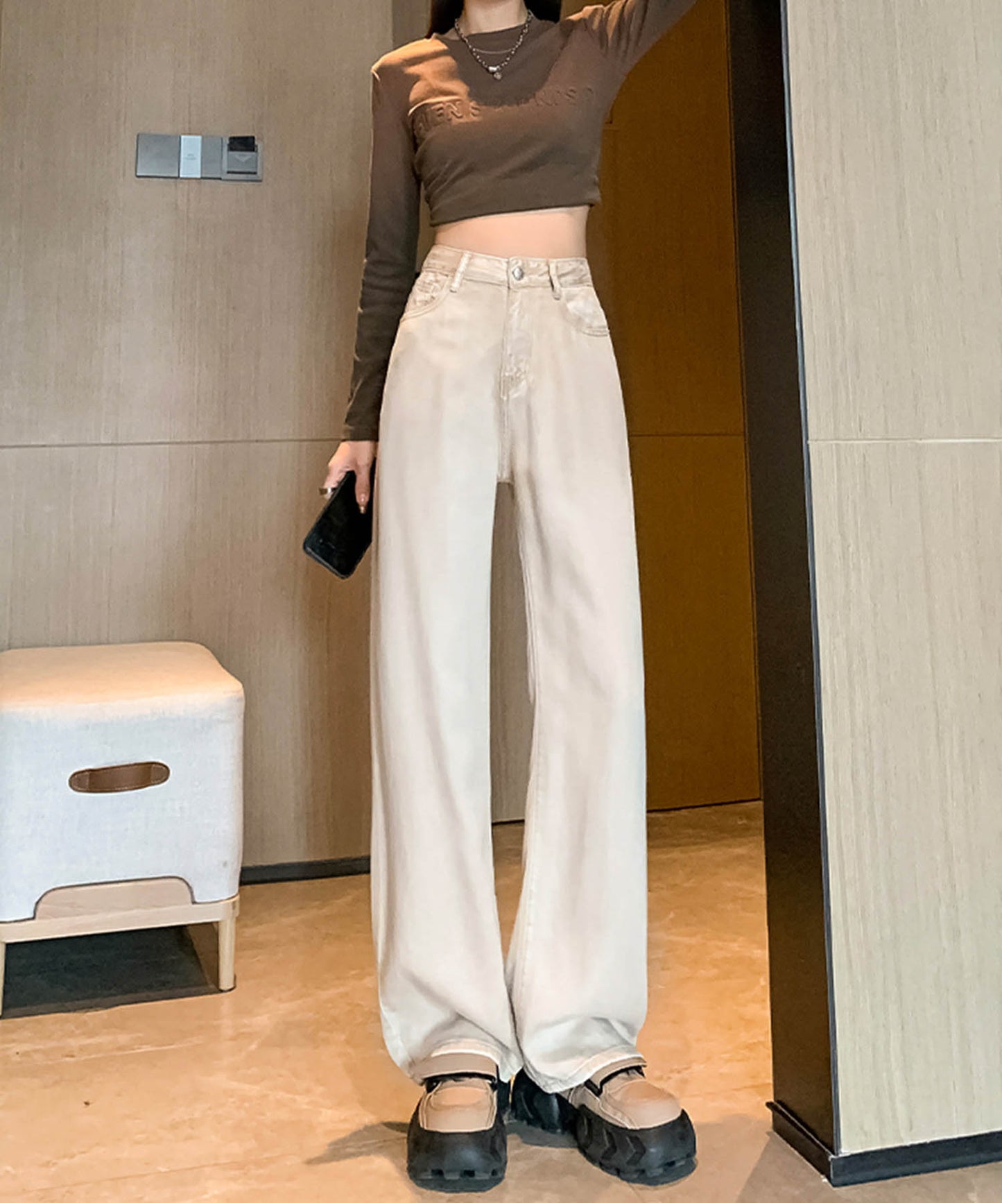 ルーズシルエット・ハイウエストワイドデニムパンツ