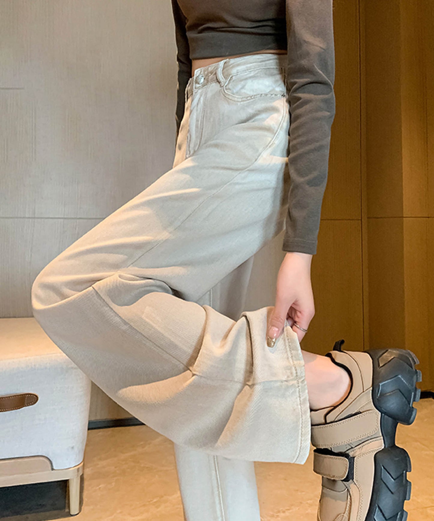 ルーズシルエット・ハイウエストワイドデニムパンツ