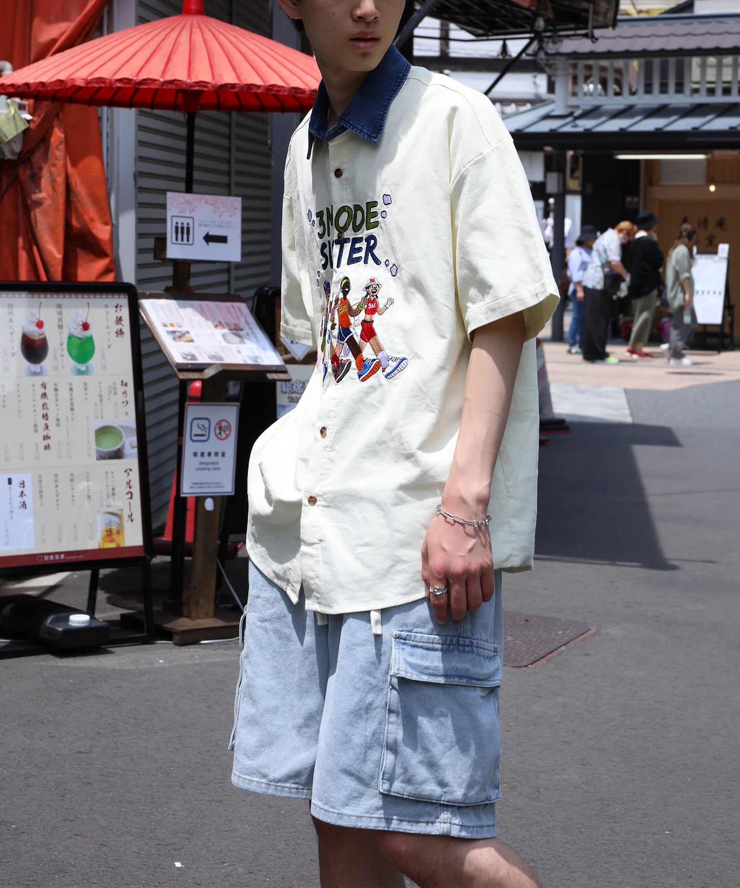 【HOOK -select- 】レトロ調人物刺繍夏コーデュロイ半袖シャツ