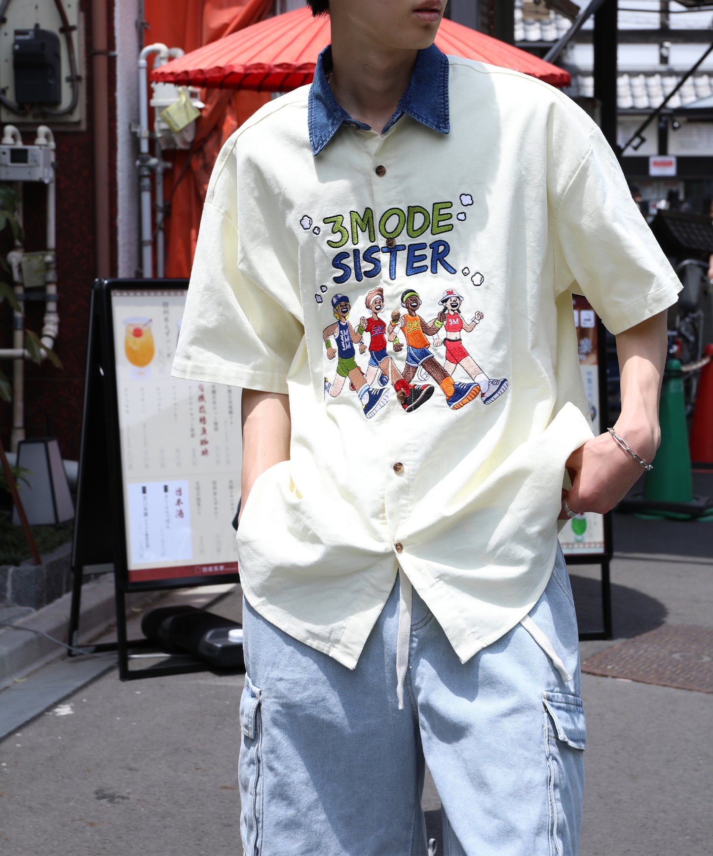 【HOOK -select- 】レトロ調人物刺繍夏コーデュロイ半袖シャツ