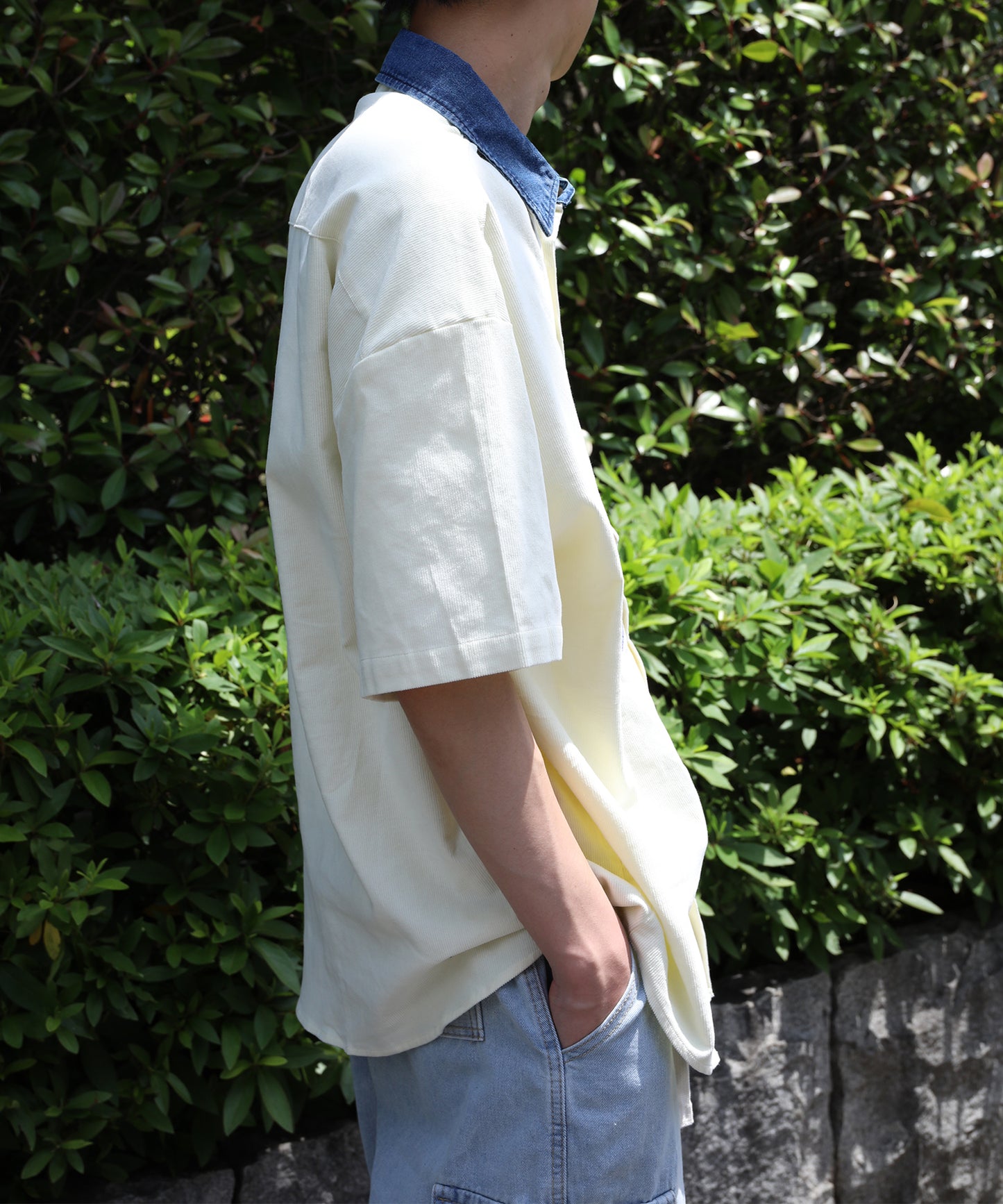 【HOOK -select- 】レトロ調人物刺繍夏コーデュロイ半袖シャツ