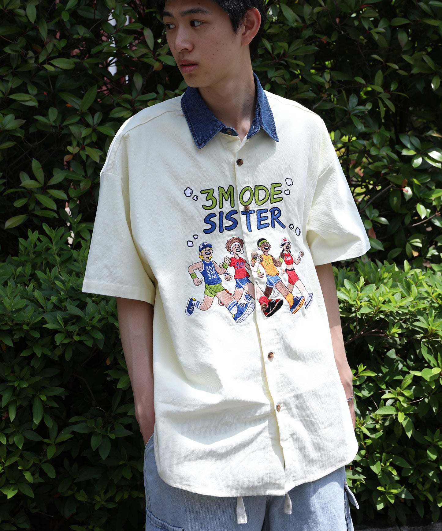 【HOOK -select- 】レトロ調人物刺繍夏コーデュロイ半袖シャツ