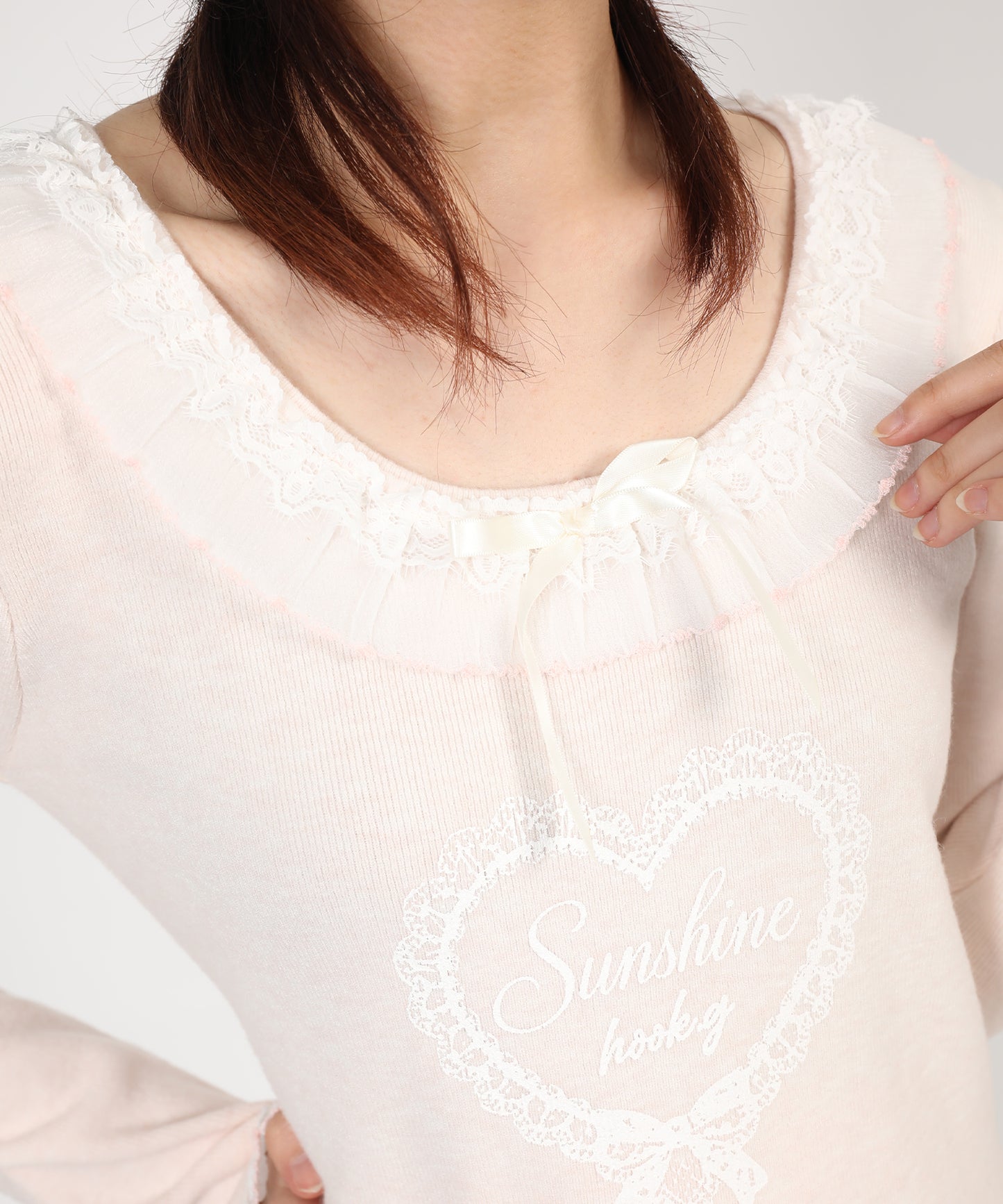 HOOK for girls レースハートプリントリボン付きペプラムニットプルオーバー