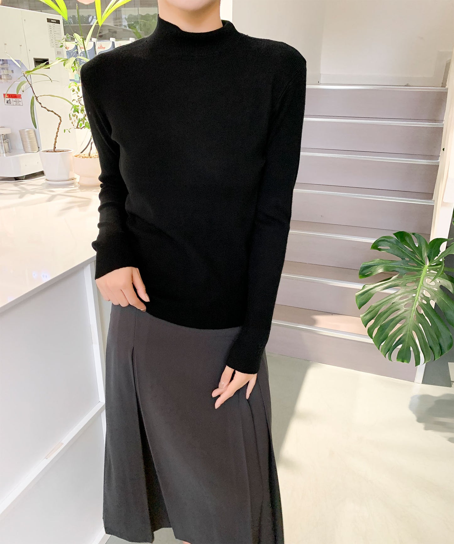 aimoha/無地モックネックニットソートップス