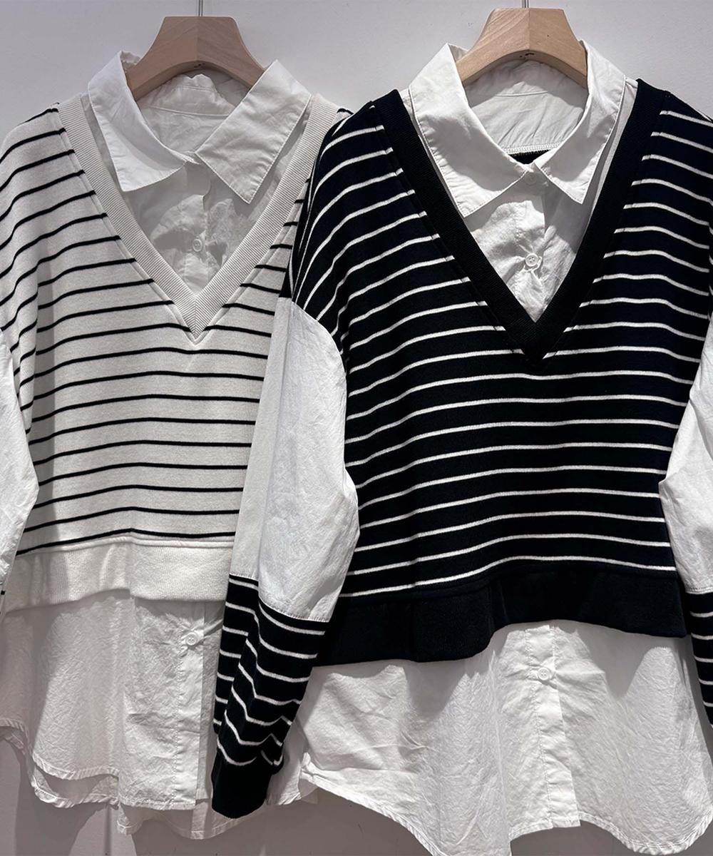V-neck Border Knit Vest Docked Shirt