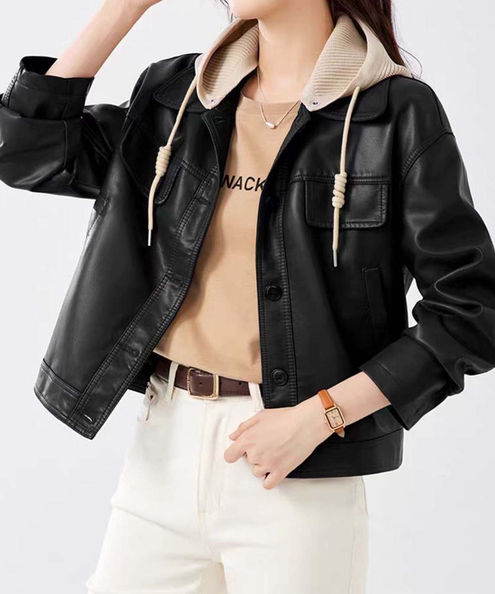 フード付きPUショートジャケット