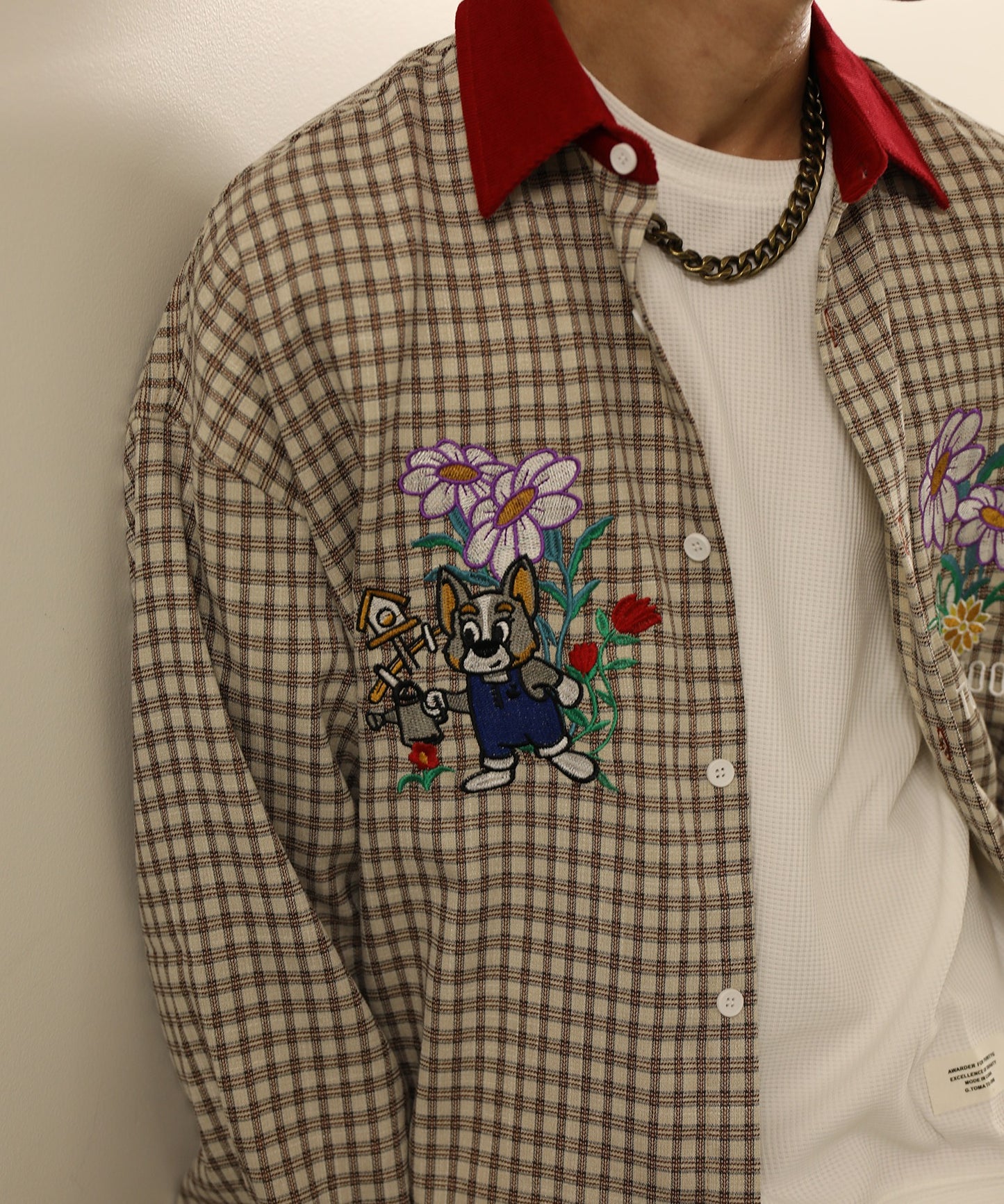 【HOOK -original- 】レトロ調可愛いワンちゃん刺繍チェック柄長袖シャツ