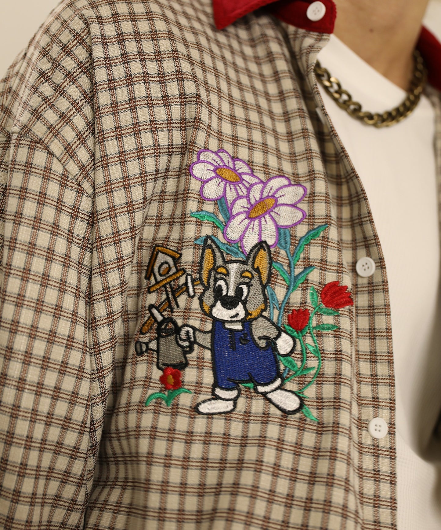 【HOOK -original- 】レトロ調可愛いワンちゃん刺繍チェック柄長袖シャツ
