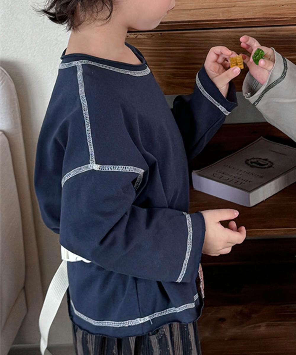 【aimoha-KIDS-】配色ステッチロングスリーブTシャツ