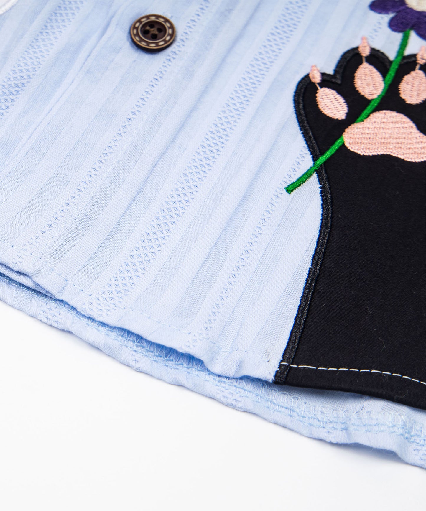 HOOK ネクタイ付き 猫の手 フラワー 刺繍 薄手 ストライプ 半袖 カジュアルシャツ