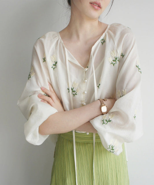 刺繍 ボリュームスリーブシアーブラウス