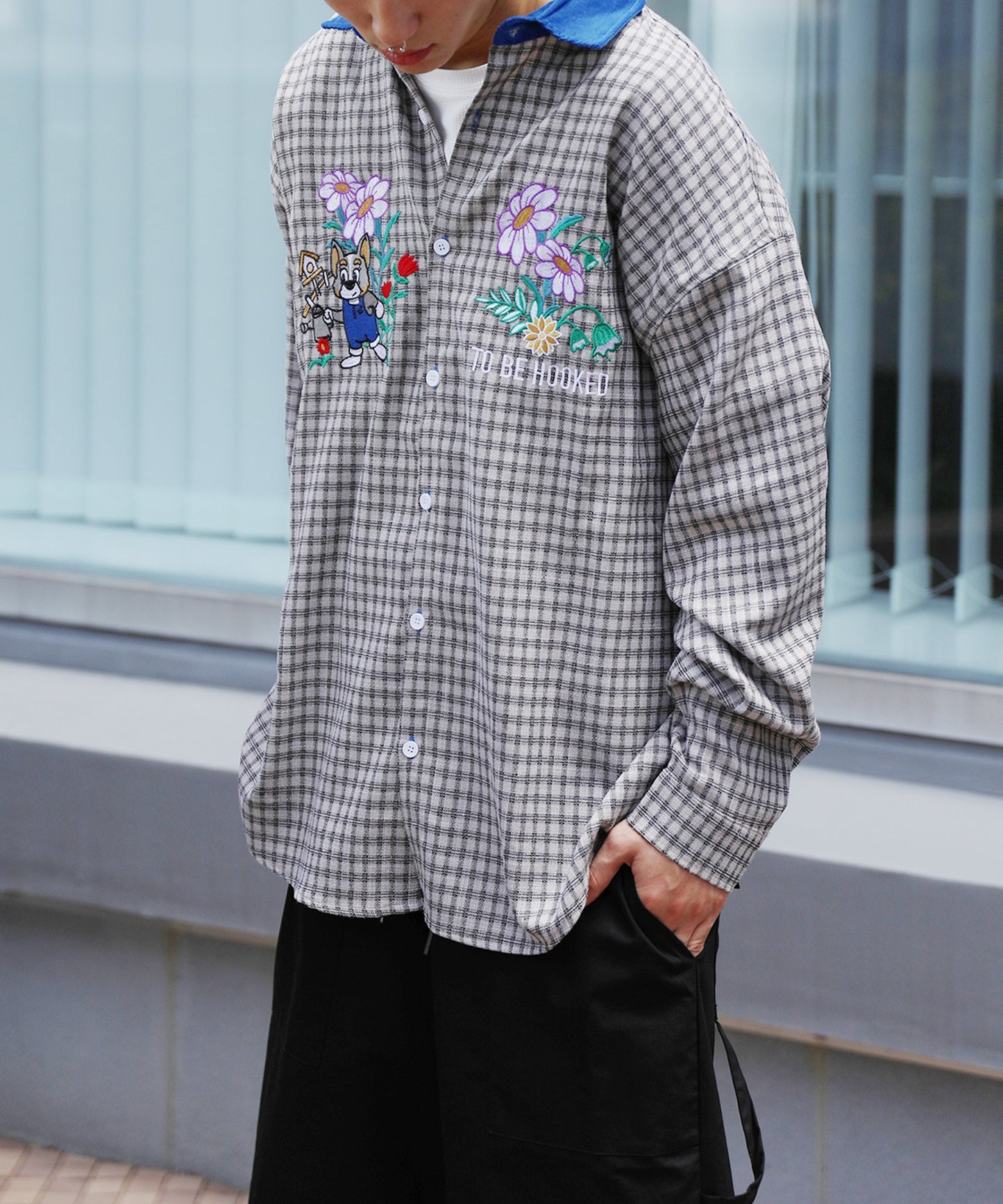 【HOOK -original- 】レトロ調可愛いワンちゃん刺繍チェック柄長袖シャツ