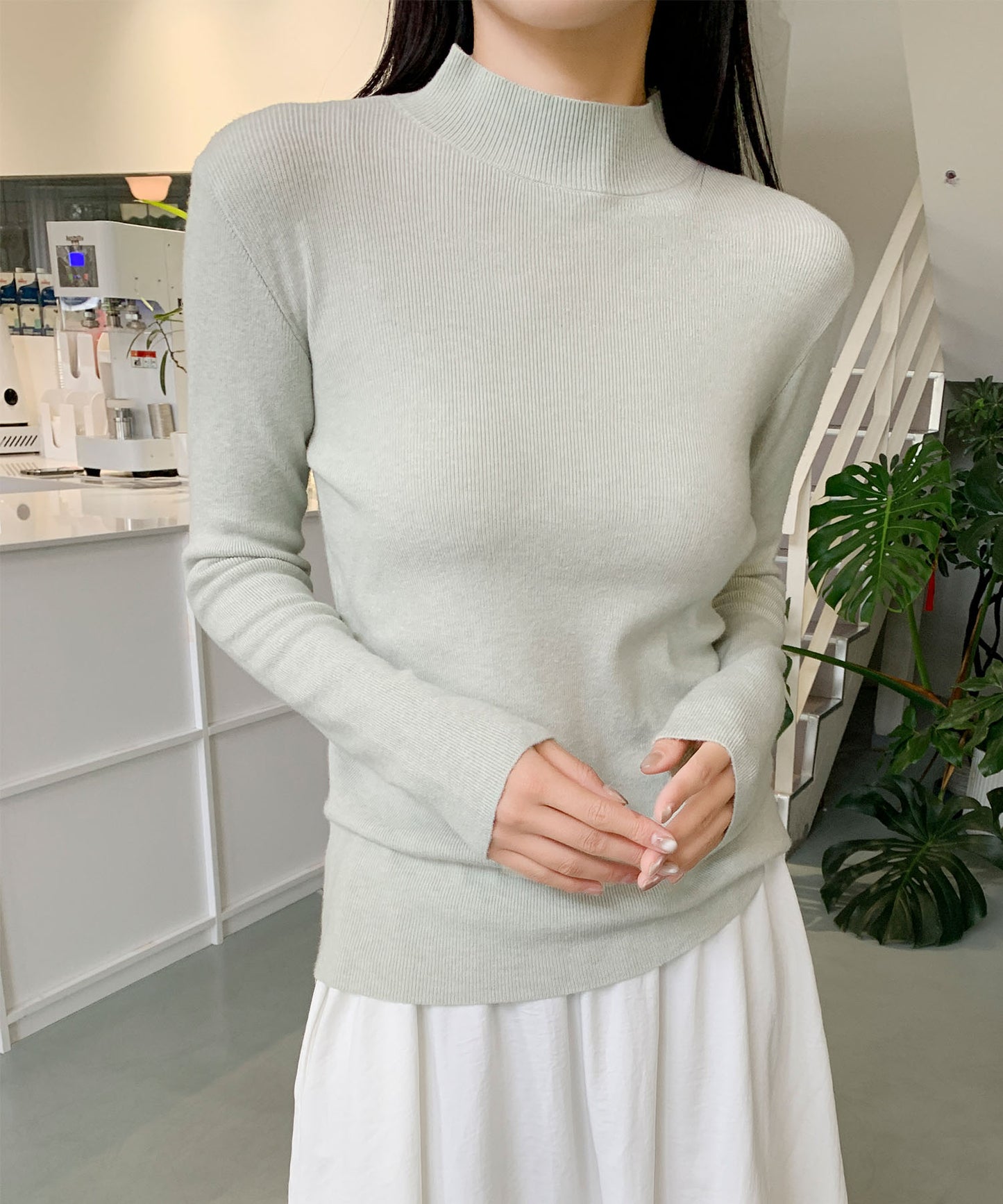 aimoha/無地モックネックニットソートップス