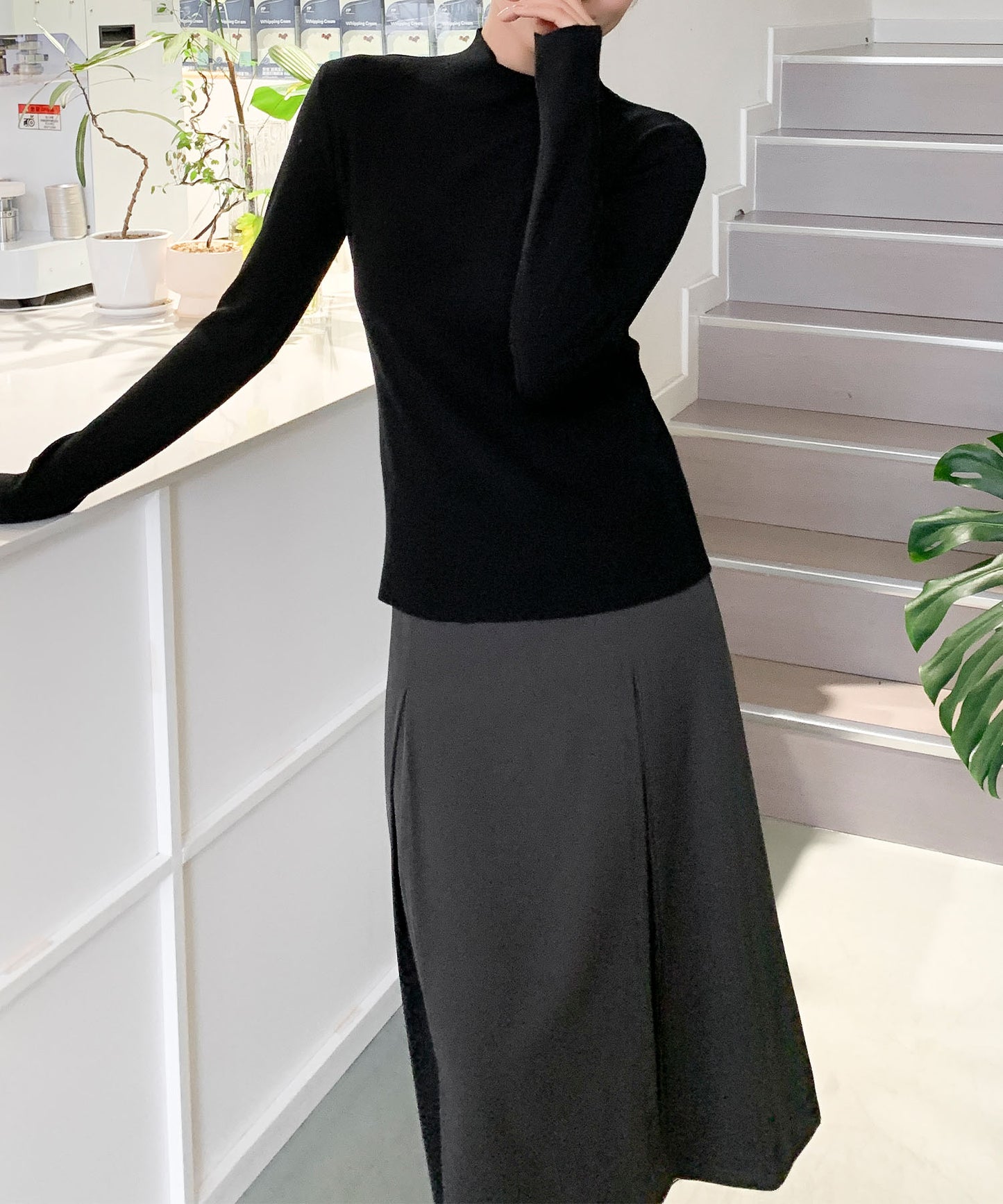 aimoha/無地モックネックニットソートップス