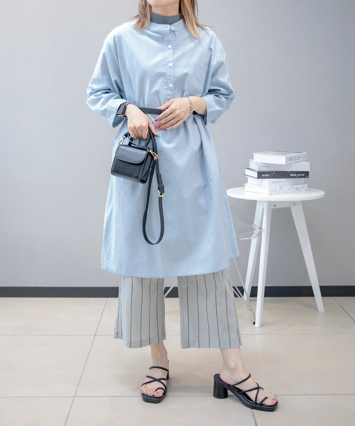 シンプルデザイン 綿麻ブレンド シャツワンピース
